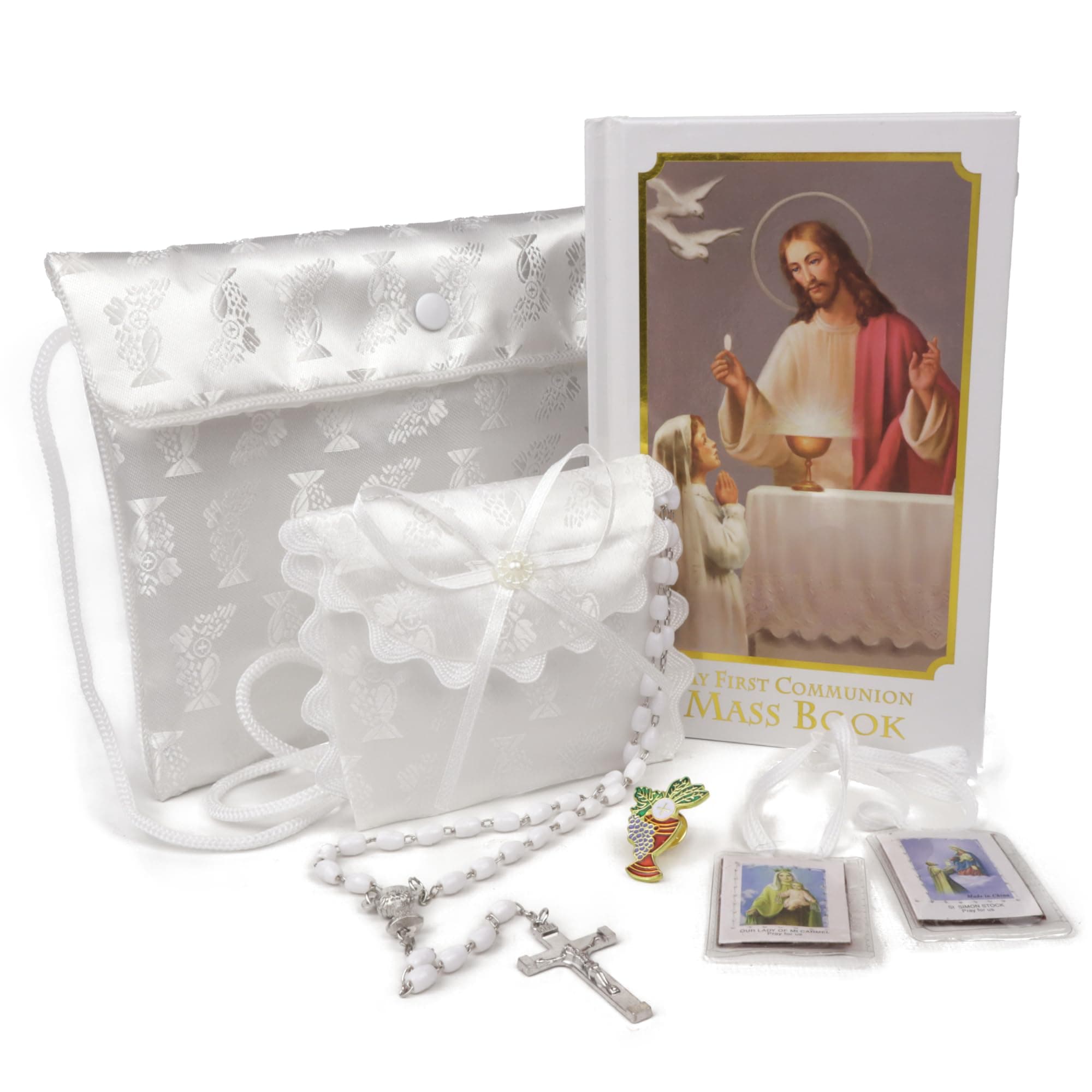 Needzo Light of Christ First Communion Satin Purse Set, Includes Mass Prayer Book, Rosary & Pouch, Scapular, Lapel Pin, Gifts & Keepsakes for Young Women, Communicant Starter Pack (6 Piece)