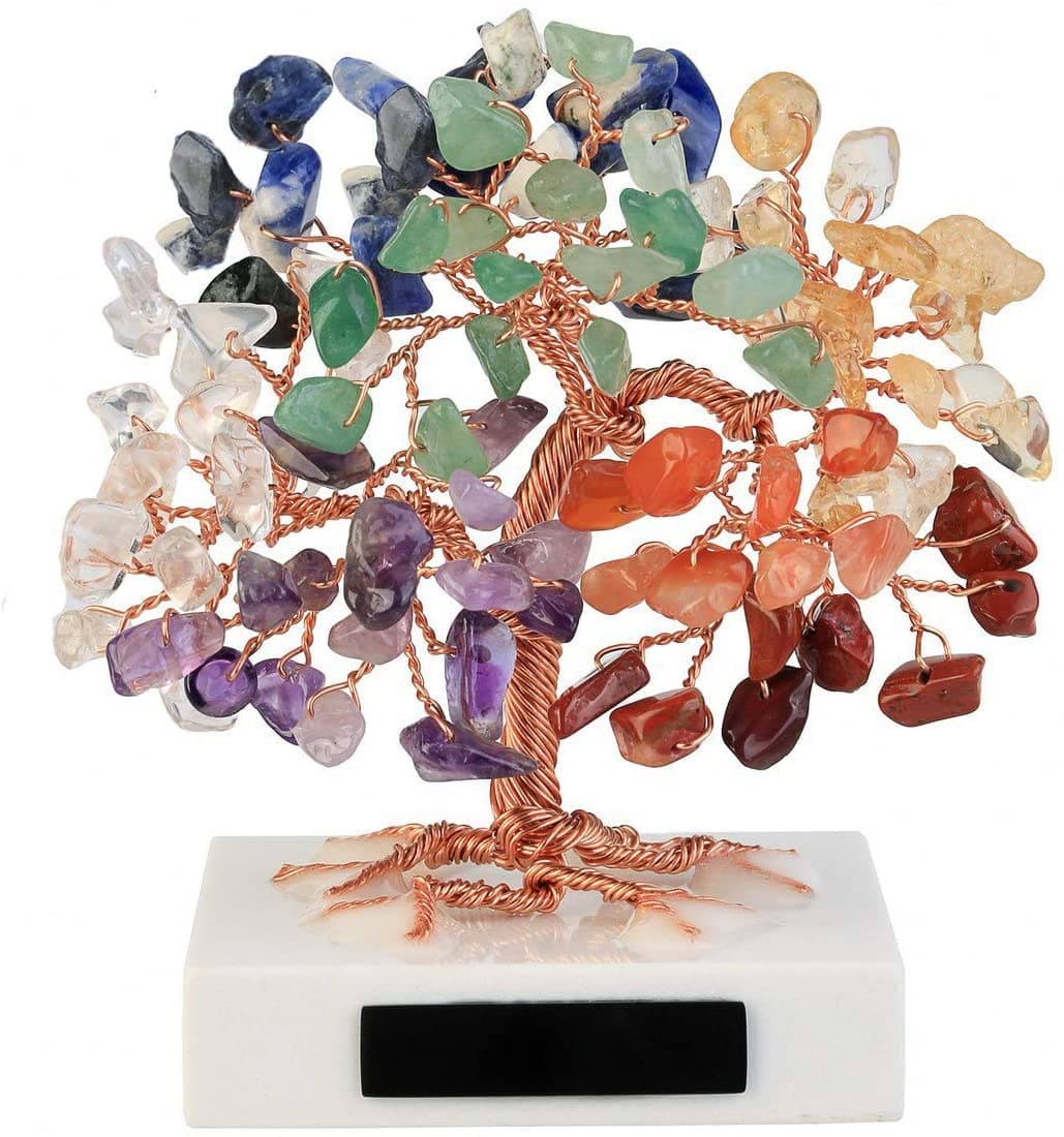 3.54"-4.7" Mini Natural 7 Chakra Crystals Money Tree Tumbled Gemstones Bonsai Fortune Tree on Marble Base Feng Shui Ornaments for Good Luck, Wealth Home Office Decor Spiritual Gift