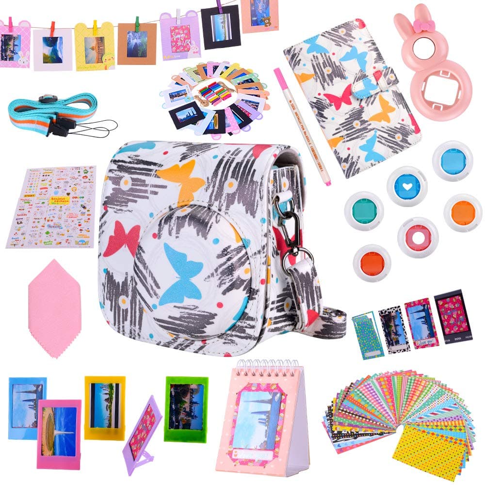 Tiessic Instax Mini 9 Camera Accessories Bundles Compatible with Fujifilm Instax Mini 9 Mini 8 Mini 8+ Camera with Mini 9 Case,108 Photos Mini Photo Album,etc. (Color Butterfly,14 Items)