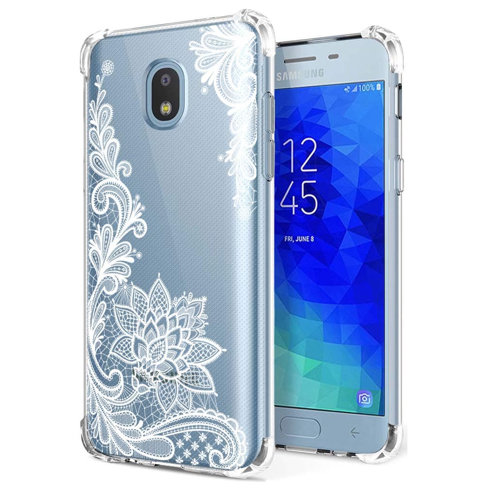 Galaxy J3 Orbit Case Clear with Lace Design Shockproof Bumper Protective Slim Fit for Samsung Galaxy J3 2018/ J3 Star/ J3 Achieve/Amp Prime 3/ J3 Express Prime 3/ J3 V/ J3 Aura White Flower Girl