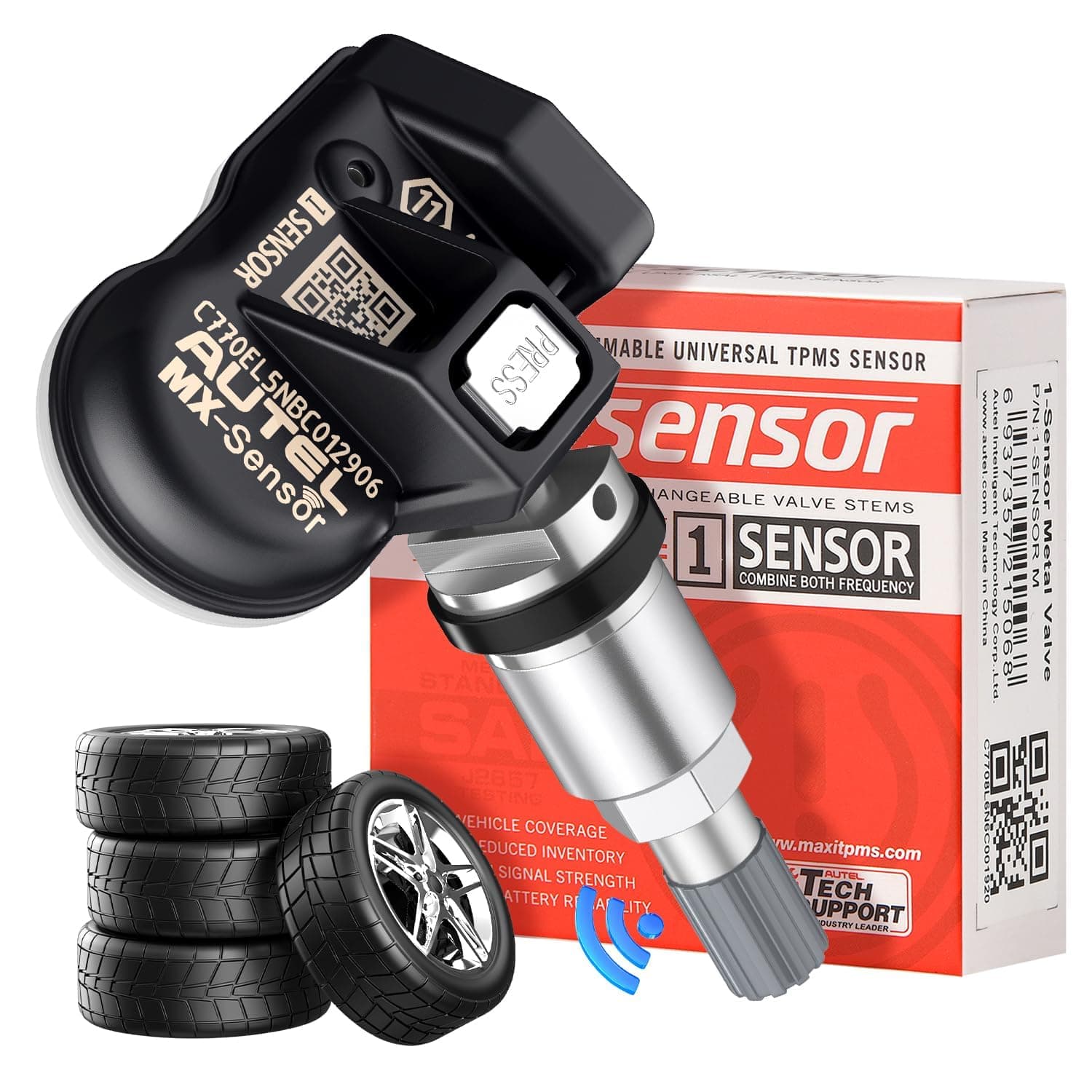 TPMS MX Sensor 315MHz 433MHz Dual Frequency 1-Sensor, OEM Quality Universal Tire Sensors, 100% Programmable with Autel TS408S TS501 TS508 TS508WF MK808S-TS MS906TS (1PCS Press-in Metal Valve)