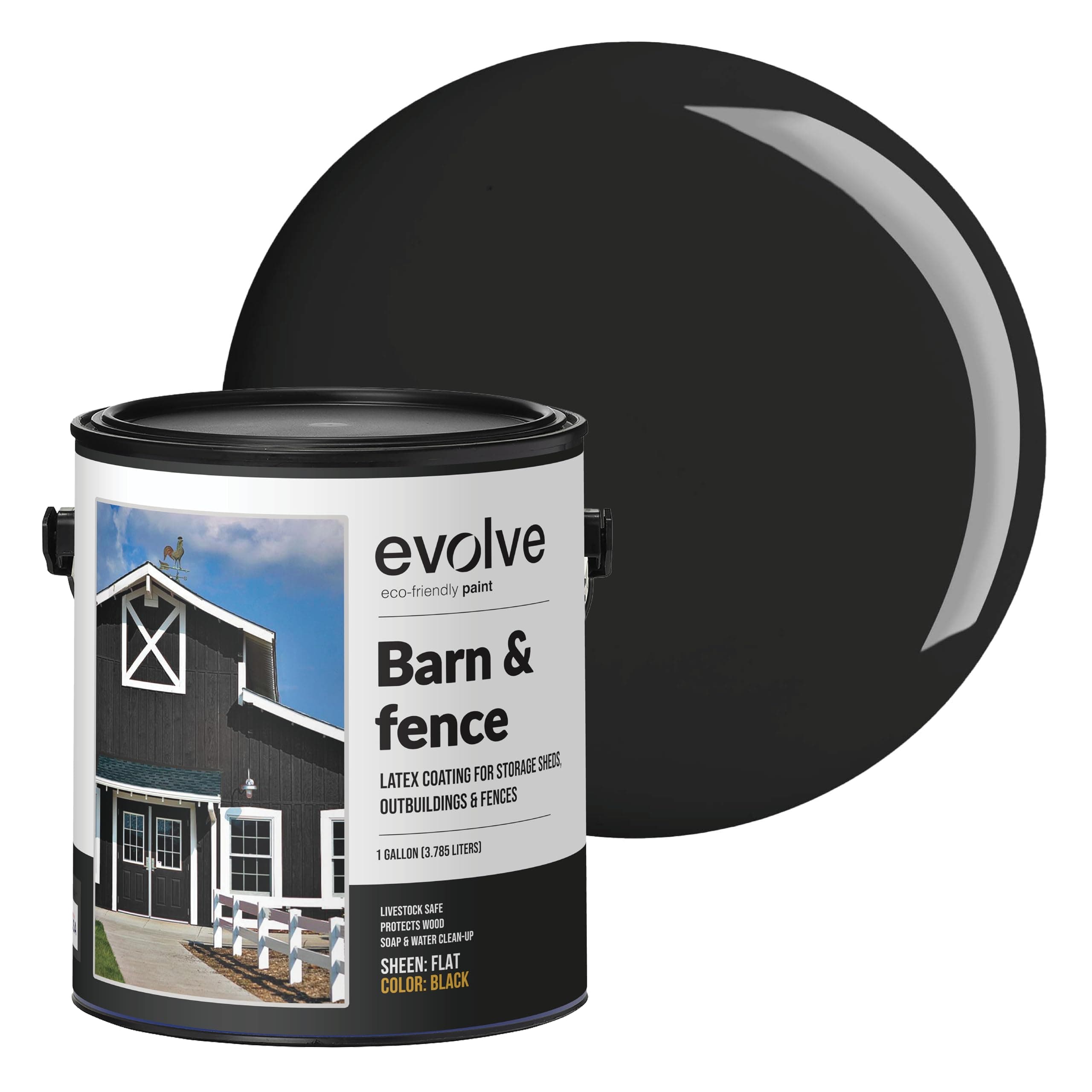 EVOLVE Barn & Fence Paint, Flat (Black), 1 Gallon – Durable Scratch-Resistant Wood Coating for Outbuildings & Fences, Fast-Dry Water-Based Formula