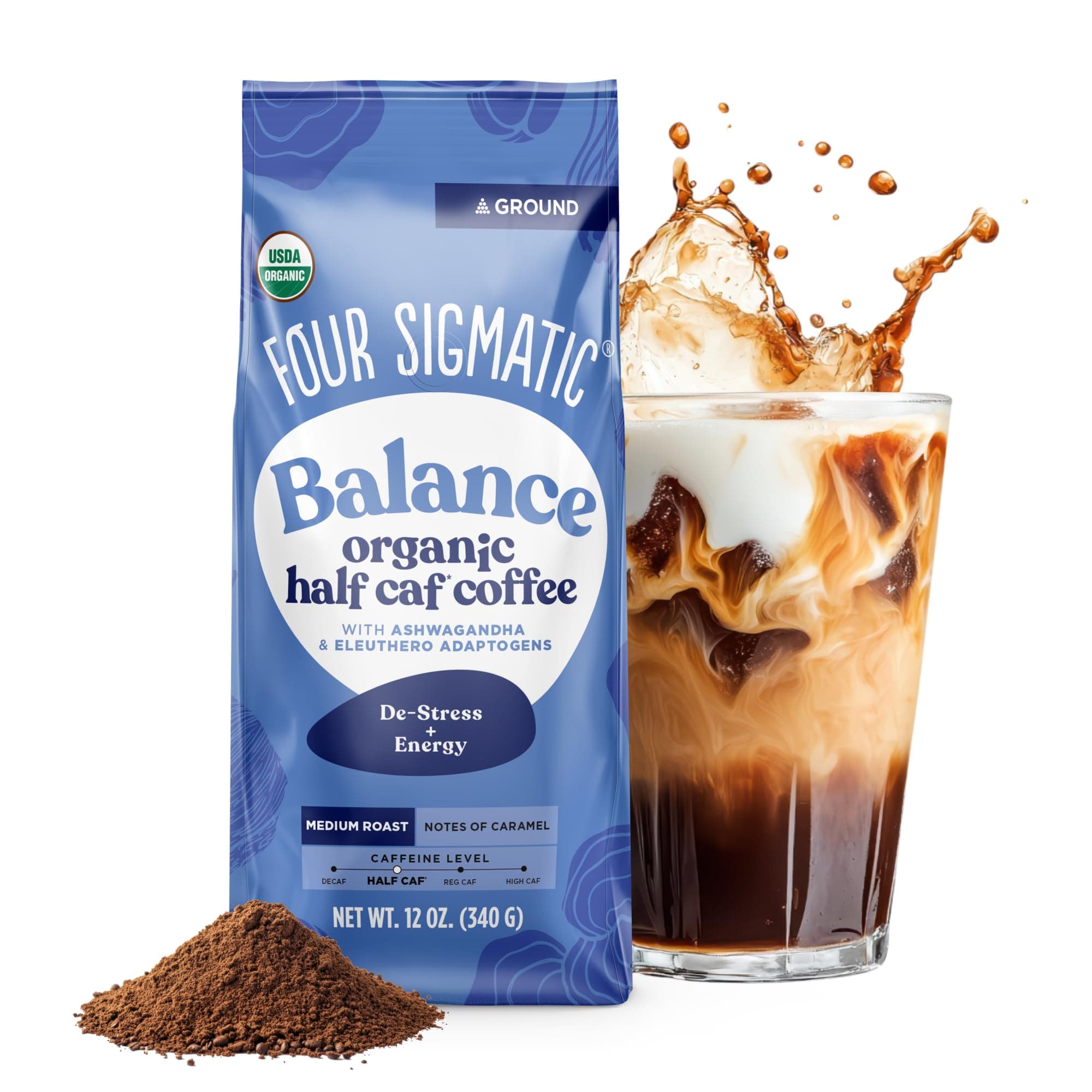 Four Sigmatic Organic Balance Adaptogen Ground Coffee | Medium Roast USDA Organic, Fair Trade Coffee with Ashwagandha, Chaga Mushroom, Eleuthero and Tulsi | Focus and Energy Boosting Coffee | 12oz Bag