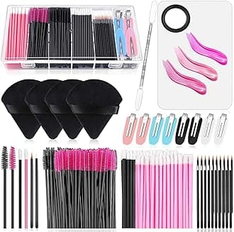 Disposable Makeup Applicators Kit, Cosmetic Makeup Mixing Palette with Spatula Artist Tool, Triangle Powder Puffs, Disposable Makeup Brushes Wands and Hair Clips with Clear Organizer Box