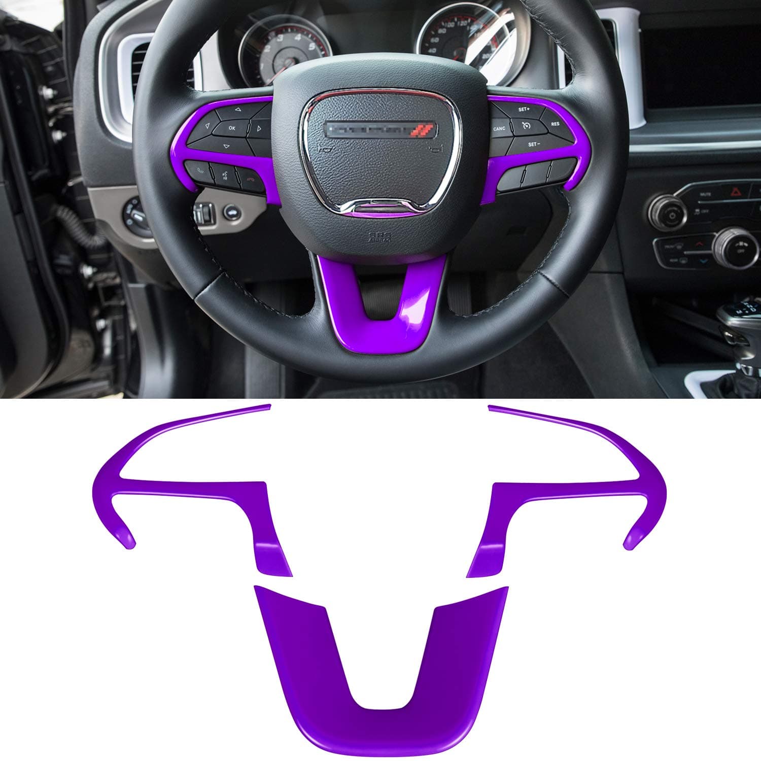 E-cowlboy Steering Wheel Cover Trim Interior Accessories Decoration Kit for 2015-2021 Dodge Challenger Charger, for 2014-2021 Dodge Durango & Jeep Grand Cherokee SRT8 (Purple 3PCS)