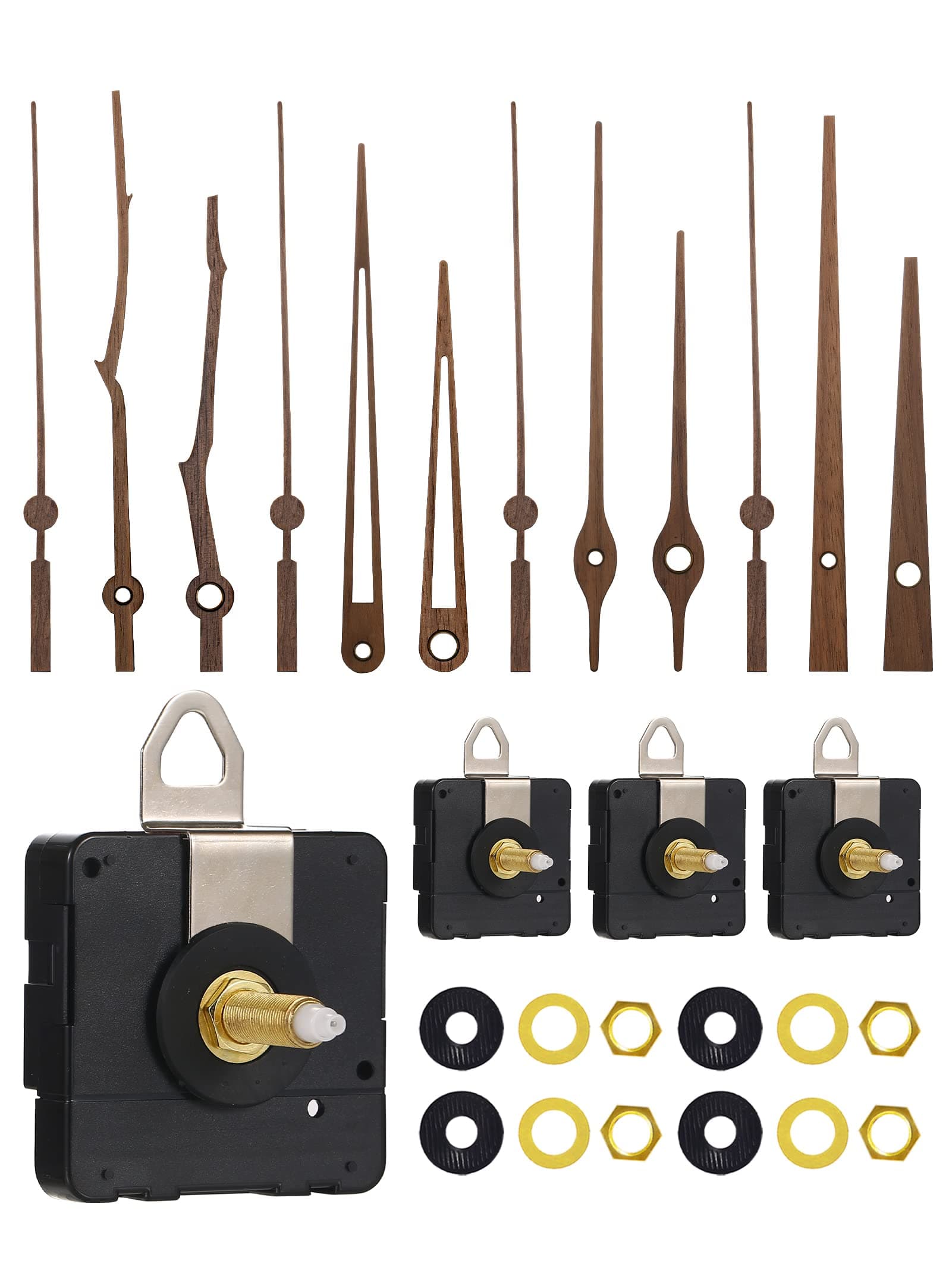 4 Pack Clock Mechanism and Walnut Wood Clock Hands, Long Shaft Quartz Clock Movement Non-Ticking Super Silent, DIY Kit Repair Replacement Part, Fit for 12-14 inches Clock