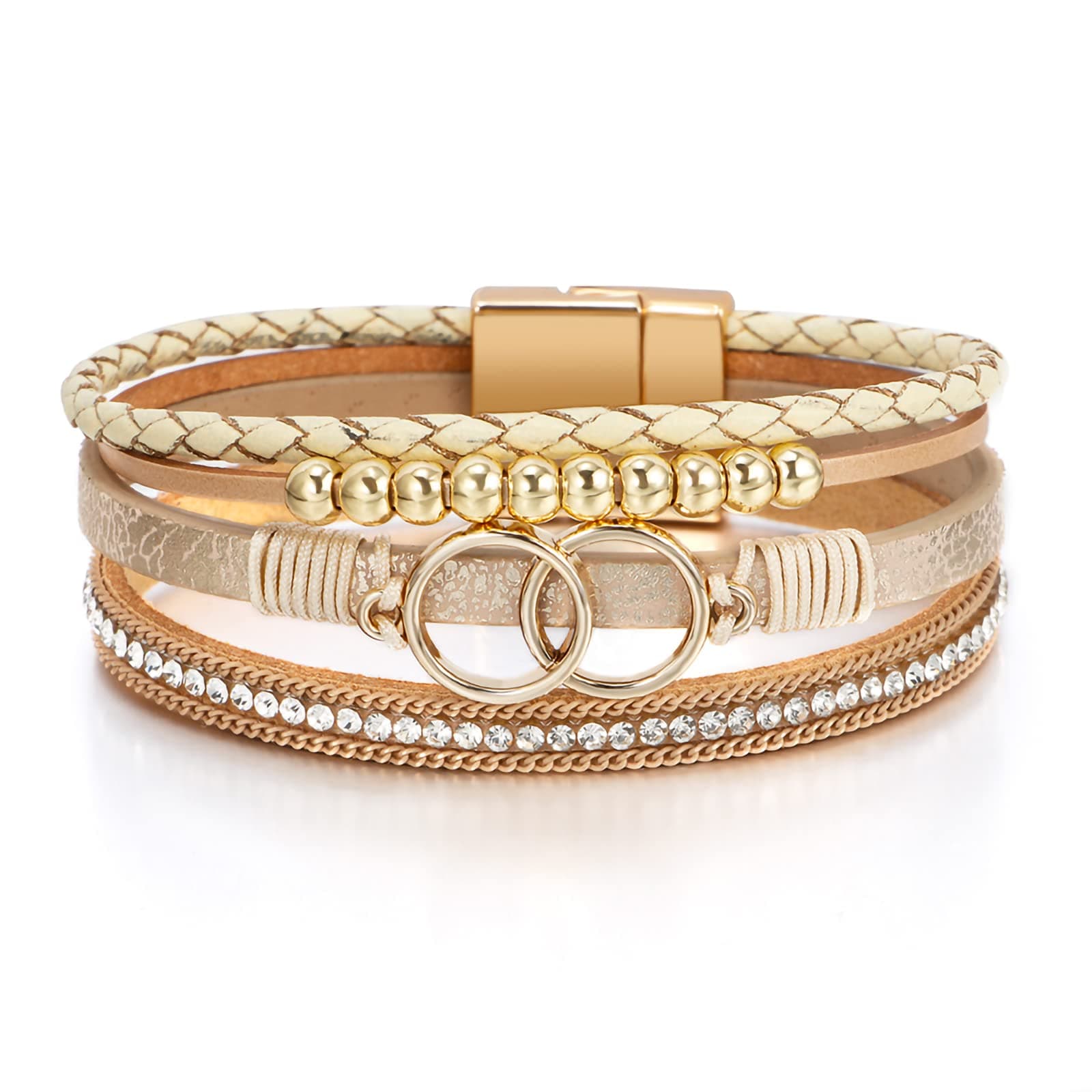 Fesciory Leopard Bracelet for Women, Boho Leather Wrap Multi-Layer Pearl Crystal Bracelet Bangle Jewelry