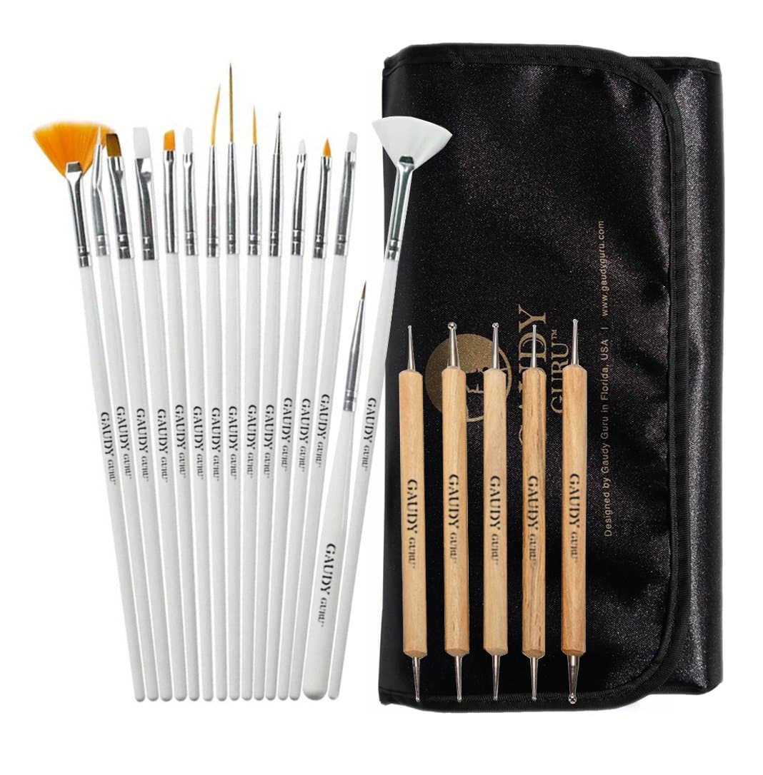 20pc Professional Nail Art Design Painting Detailing, Marbleizing Brushes, Striper & Dotting Pen/Dotter Tool Kit Set with Storage Bag by Gaudy Guru
