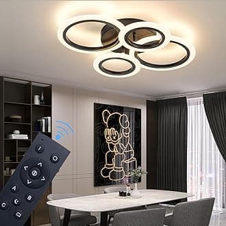 34W Modern LED Ceiling Light, 3000K-6000K Dimmable Ceiling Lighting Fixtures Ceiling Mount 4 Rings Black LED Chandelier Bedroom Lights Flush Mount with Remote for Kitchen, 2720LM