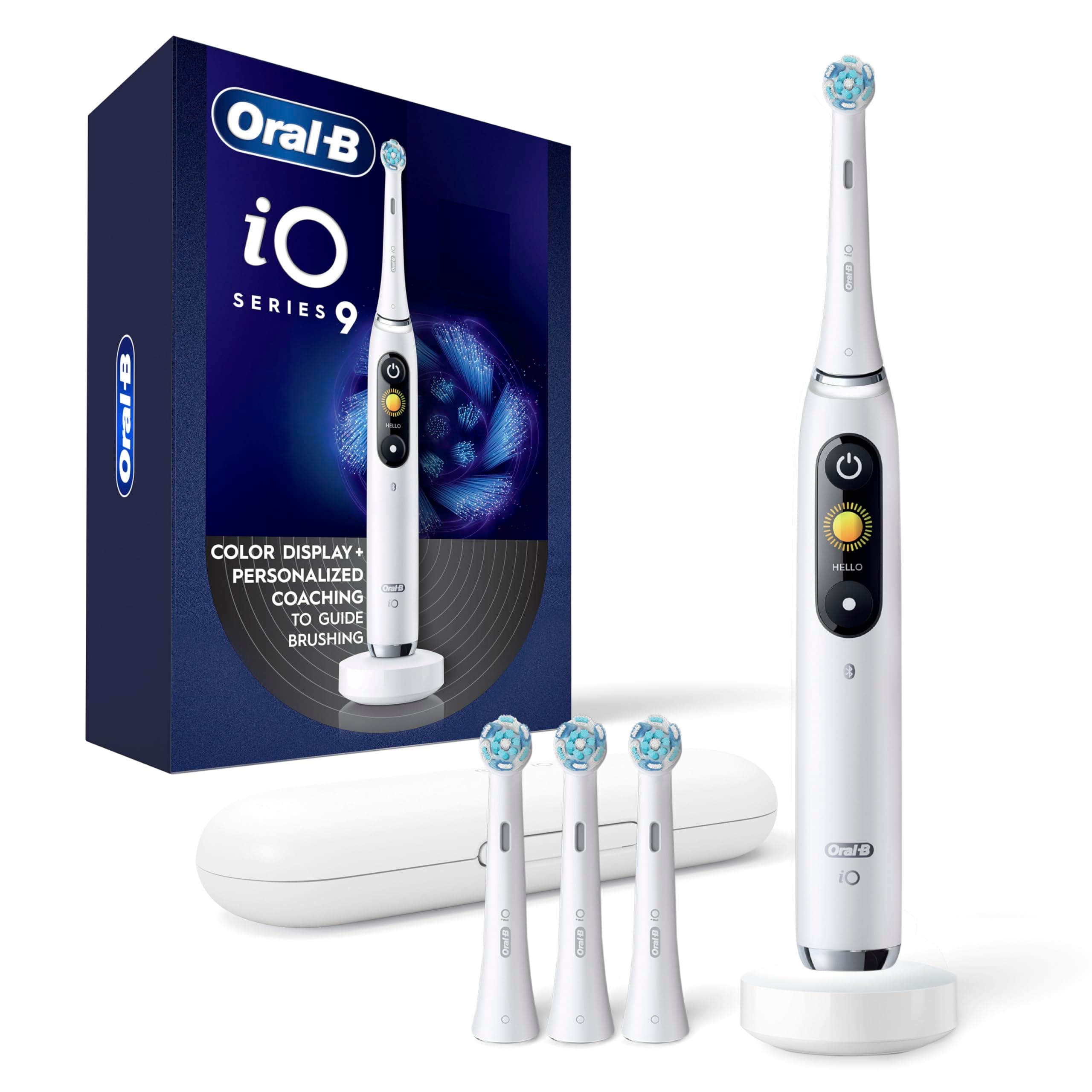 Rechargeable Electric Toothbrush, iO9 Genius, 7 Cleaning Modes, Interactive Display, Charging Travel Case, Visible Pressure Sensor, 4 Brush Heads, White Alabaster