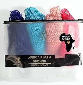 BELLANOMI 4 Piece African Exfoliating Net Sponge Long African Bath Sponge, Authentic Ethically Sourced from Nigeria, Great for Daily Use (Navy Blue, Baby Blue, Blush, Pink)