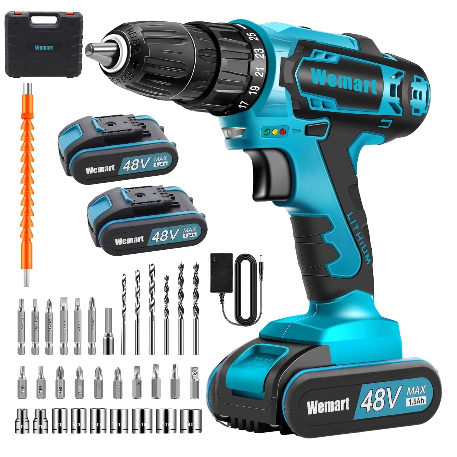 Wemart Cordless Drill Set, 48V Electric Drill with Drill/Screwdriver Bits, 2 Variable Speeds, 25+1 Torque Setting Battery Power Drilling Driver for Plastic, Wood, Metal, Screws (blue)