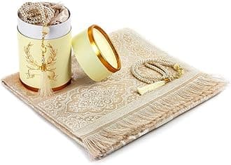 ihvan online Muslim Prayer Rug and Prayer Beads with Elegant Design Cylinder Gift Box, Janamaz, Soft Sajadah, Islamic Gifts Set, Portable Prayers Carpet Mat, Taffeta Fabric, Cream
