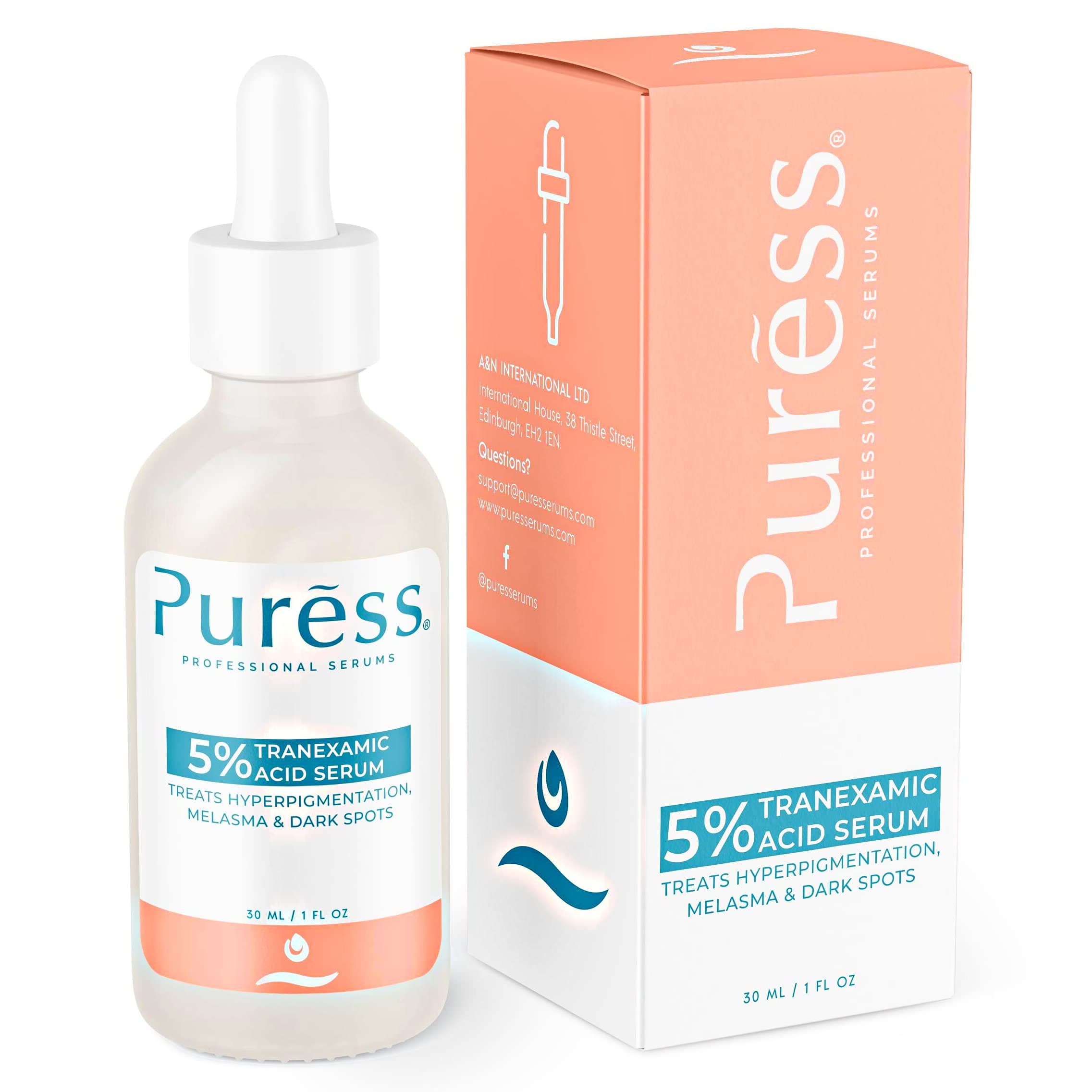Puress 5% Tranexamic Acid Serum - Hyperpigmentation Treatment with Kojic Acid Serum - Dark Spot Remover & Acne Scar treatment - Skin Lightening & Brightening Serum - Acido Tranexamico para Manchas