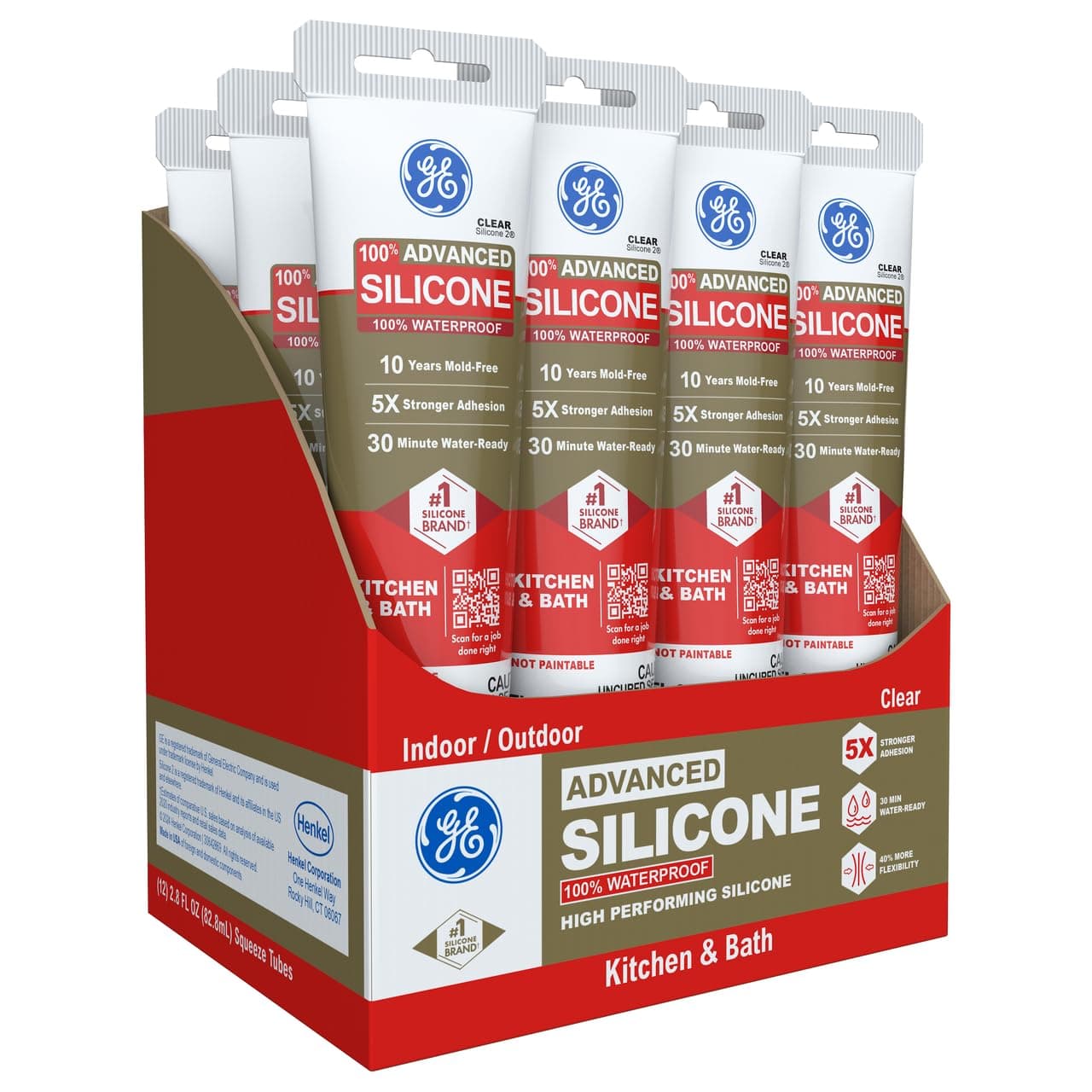 Advanced Silicone Caulk for Kitchen & Bathroom, Clear, 2.8 fl oz Tube, 12 Pack - 100% Waterproof Silicone Sealant, 5X Stronger Adhesion, Shrink & Crack Proof