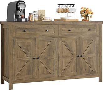 HOSTACK 55" Buffet Sideboard Cabinet with Storage, Modern Farmhouse Coffee Bar with Drawers and Shelves, Barn Doors Storage Cabinet for Kitchen, Living Room, Rustic Brown