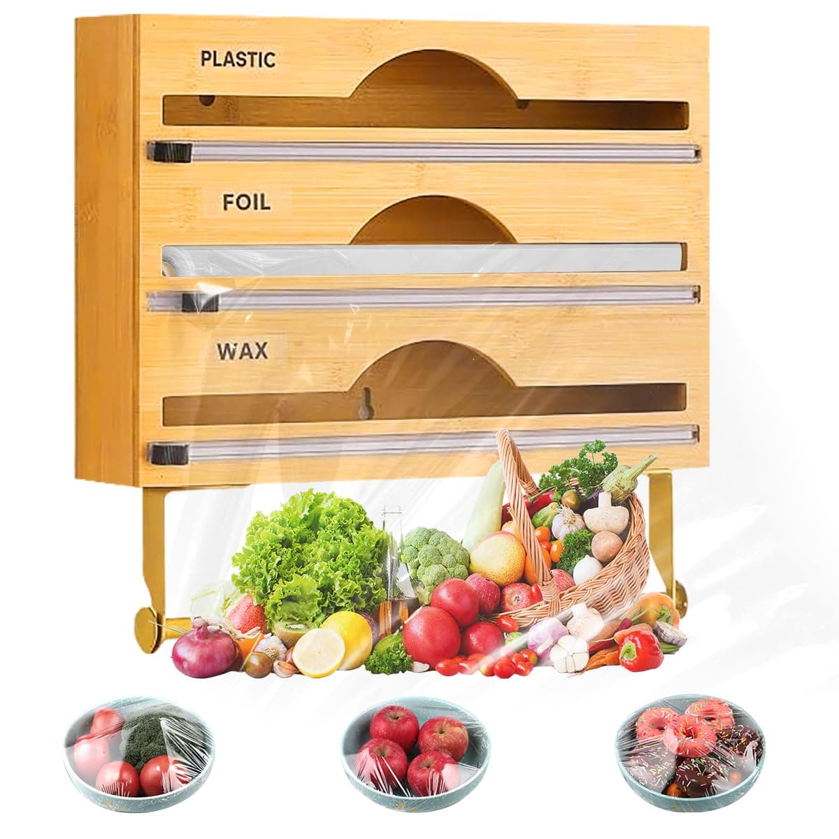 Plastic Wrap Dispenser, Bamboo 4 in 1 Aluminum Foil Wrap Organizer with Slide Cutter and Labels Wall Mount Parchment Wax Paper Stretch Film Storage Holder for Kitchen Drawer Holds 13cm Roll