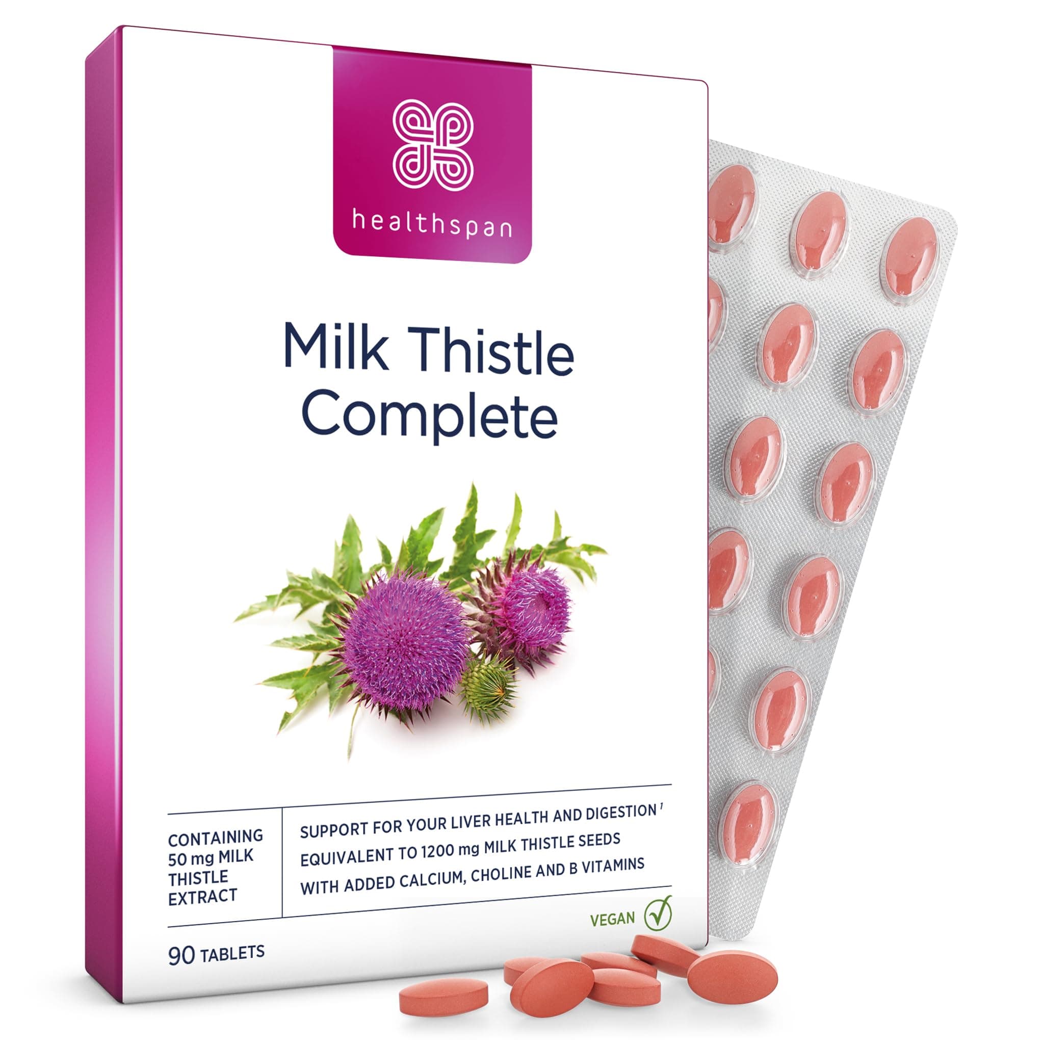 Healthspan Milk Thistle Liver Support (90 Tablets) | 80% Silymarin Content | 50mg Milk Thistle Extract | with B Vitamins, Calcium & Choline to Support Your Digestive Health & Liver Function | Vegan