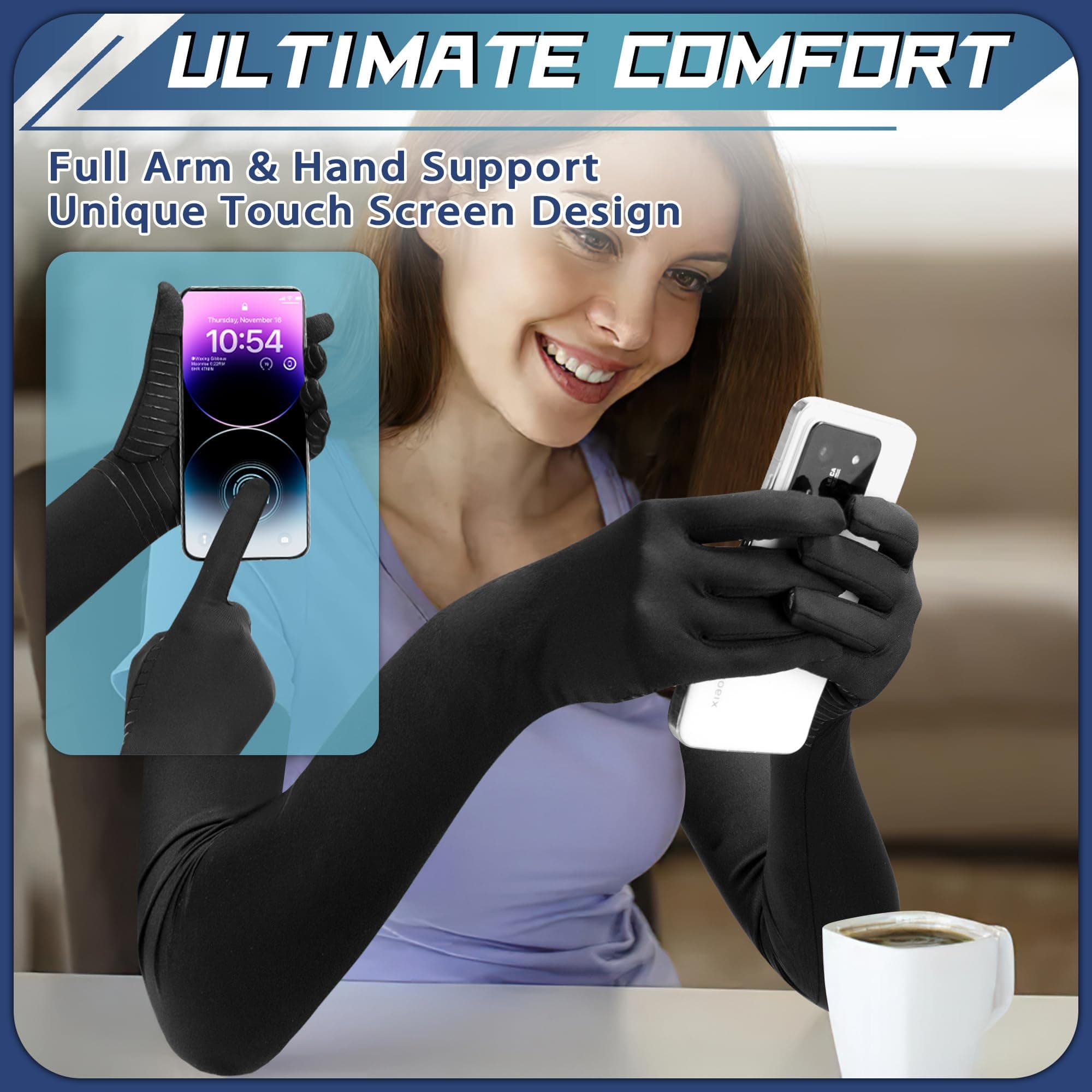 Copper Long Compression Arthritis Gloves for Women Men, Full Finger Hand Compression Gloves with Touchscreen Tip, Full Arm Pressuse Support Sleeves for Carpal Tunnel, Lymphedema, Trigger Finger
