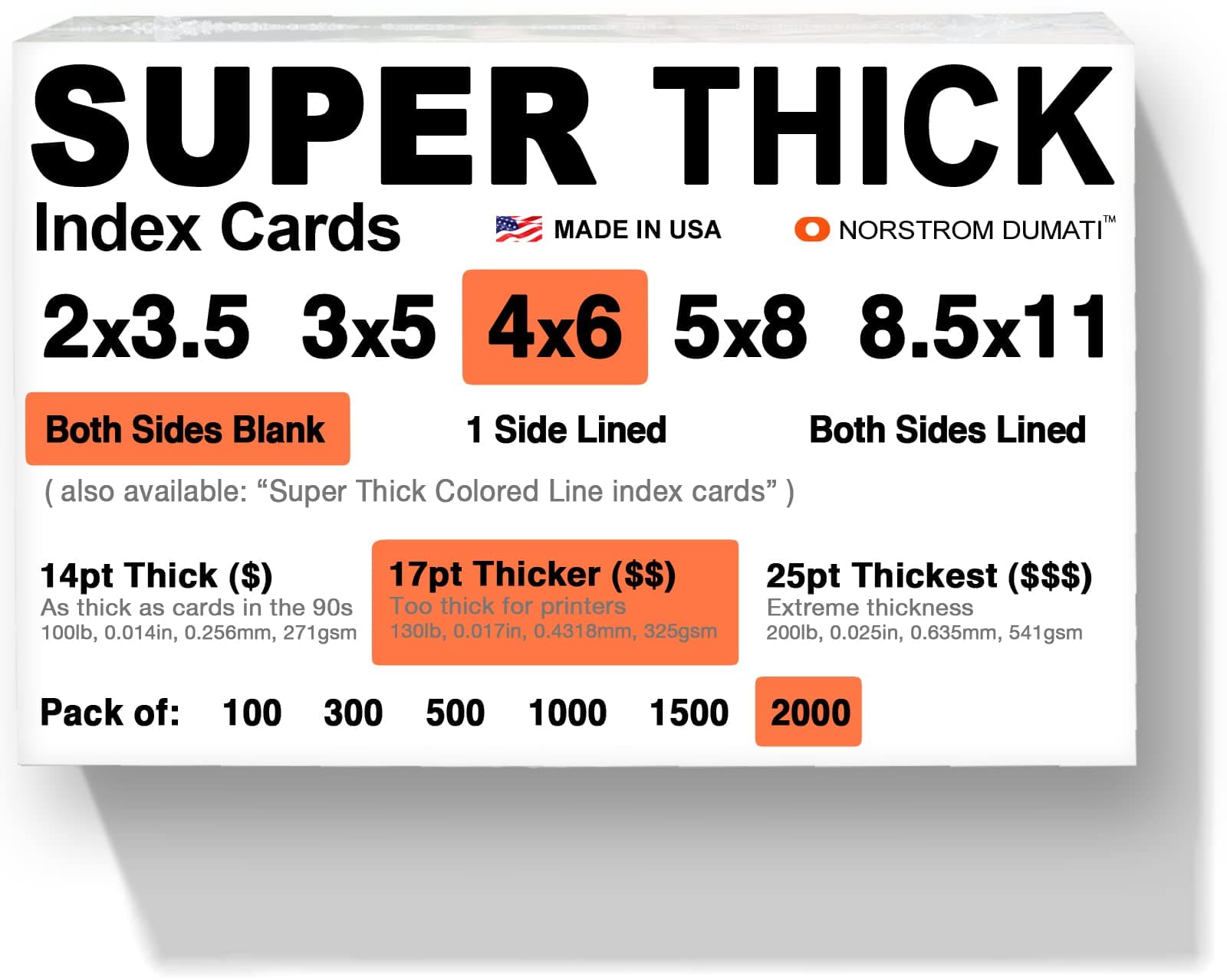 2000 SUPER THICK index cards / 4"x6" / 17pt (0.017") 100lb / blank un-ruled/archival acid-free in bulk