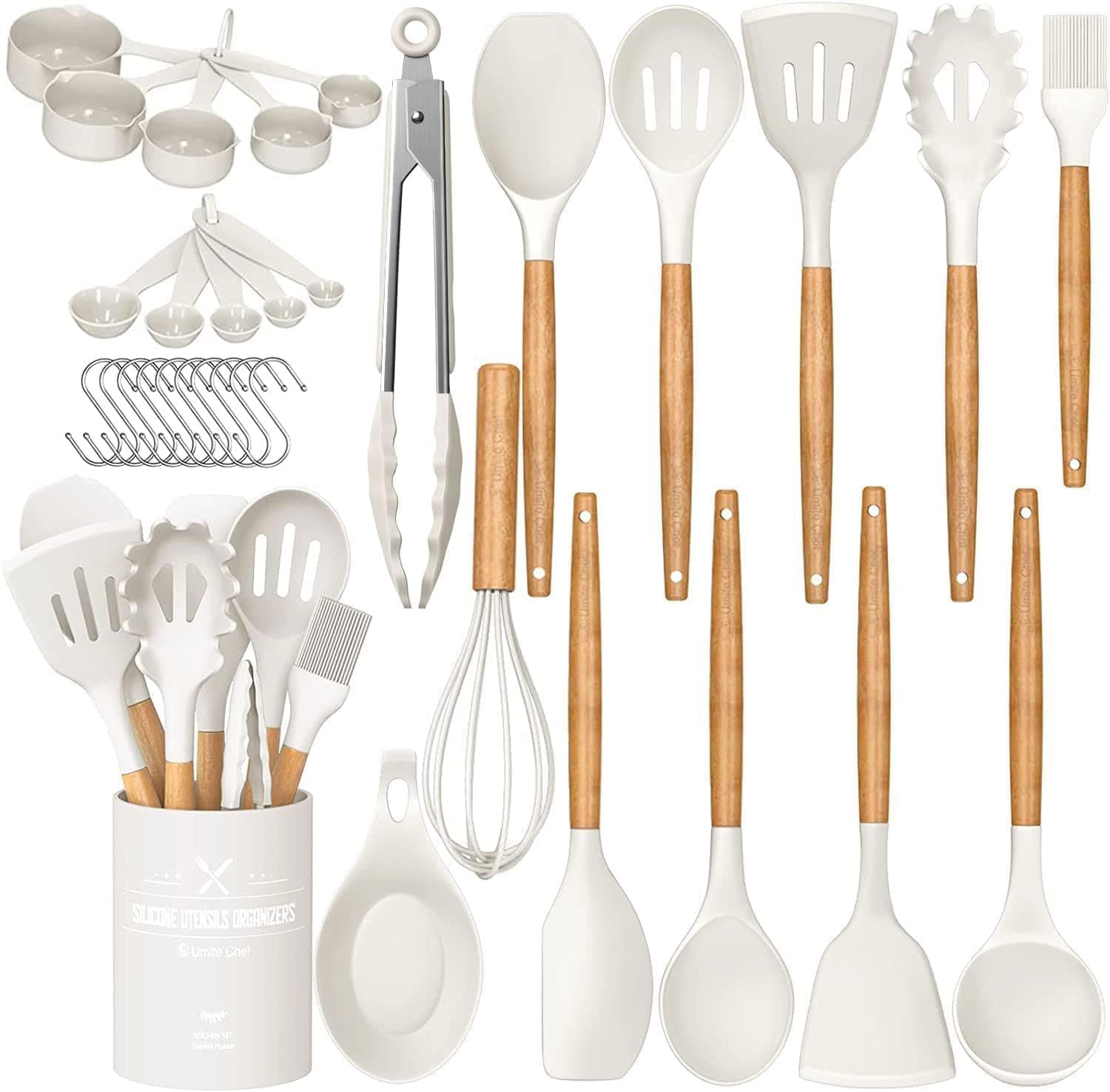 Umite Chef Kitchen Cooking Utensils Set, 33 pcs Non-stick Silicone Cooking Kitchen Utensils Spatula Set with Holder, Wooden Handle Silicone Kitchen Gadgets Utensil Set (Cream White)