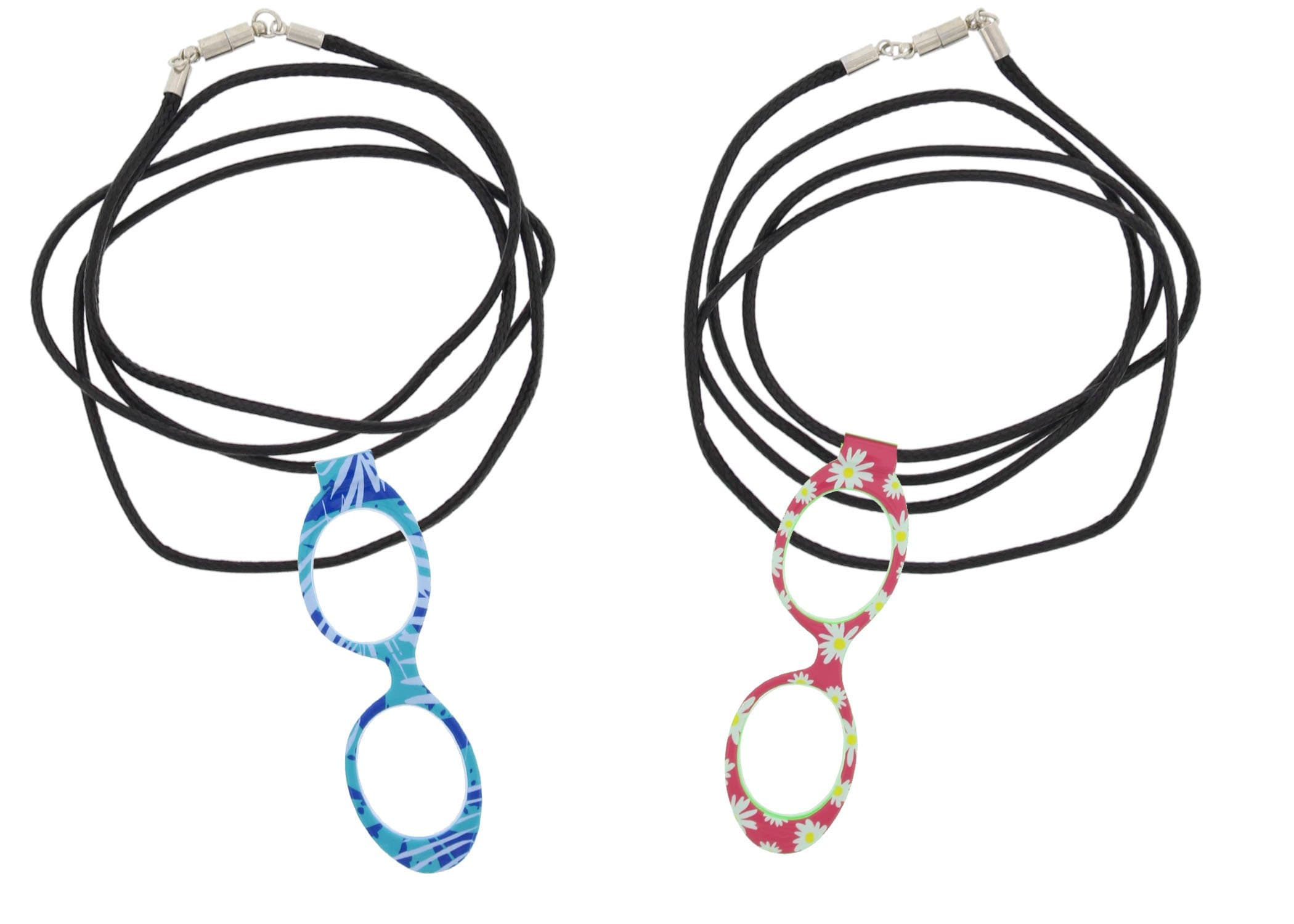 Optispex Magnifier Reader Glasses Necklace (2 Pair), Magnetic Clasp (Tropical Blue, Pink Daisy)