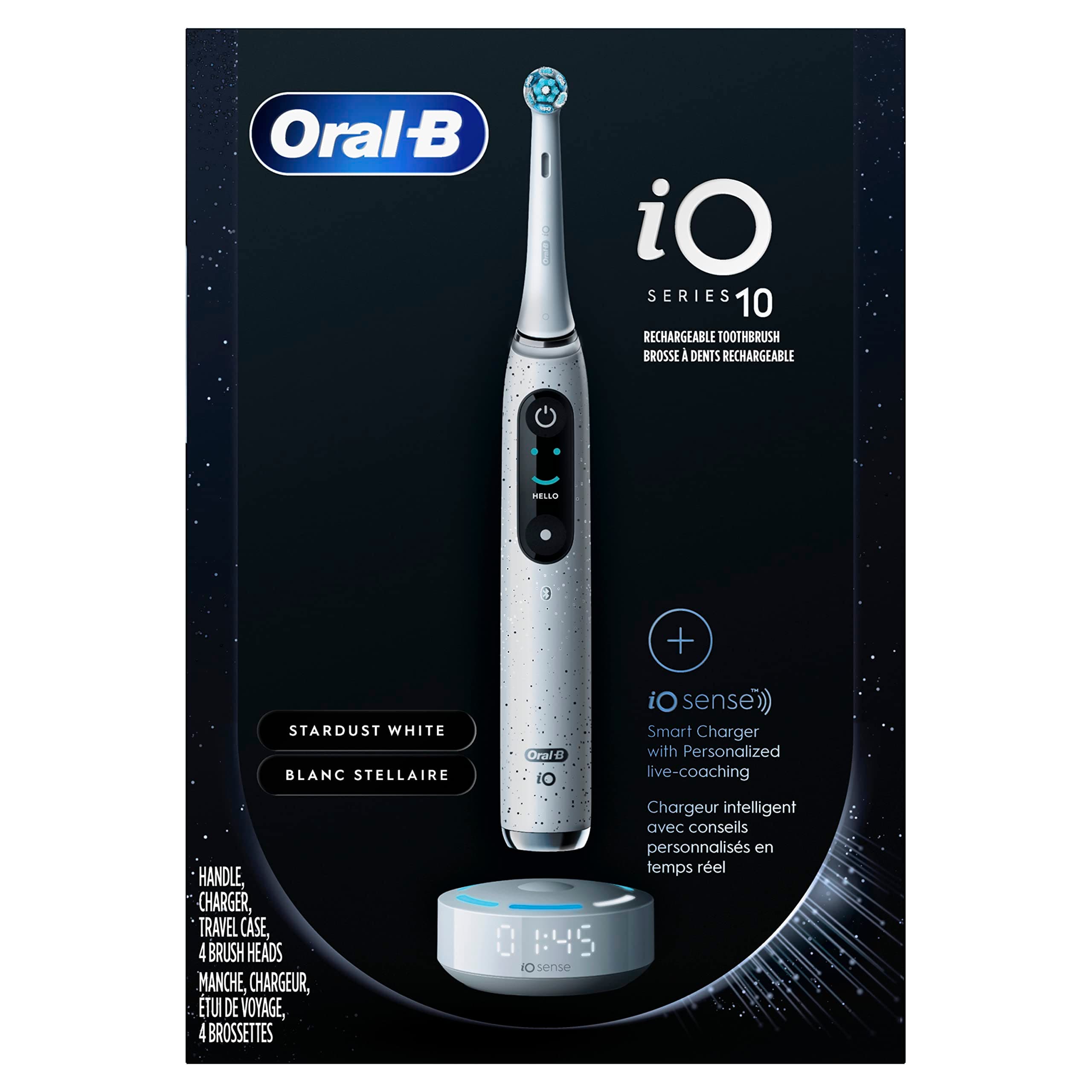 Oral-B iO Series 10 Rechargeable Electric Toothbrush with (2) Ultimate Clean and (2) Gentle Care Replacement Brush Heads, White, and Charger