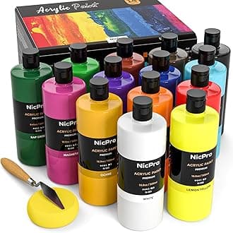 14 Colors Large Bulk Acrylic Paint Set (16.9 oz,500 ml) Rich Art Painting Supplies, Non Toxic for Easter Eggs Rock Canvas Wood Ceramic Leather Fabric Craft, for Adult with Color Wheel