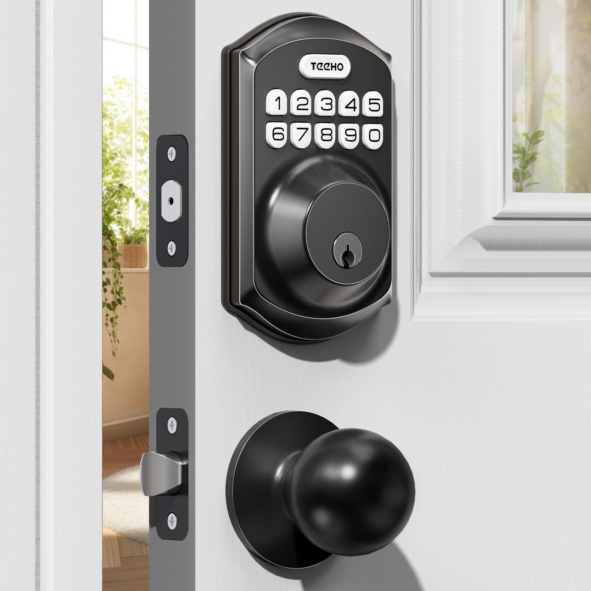 - TEEHO TE001K Keyless Entry Door Lock with Handle, Electronic Keypad Deadbolt with 2 Knobs, High-Security Front Door Handle Set for Home & Rental, Smart Auto-Locking, Easy Install, Matte Black