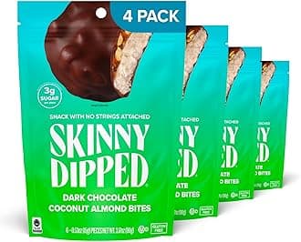 SkinnyDipped Dark Chocolate Coconut Almond Bites, Low Sugar Chocolate Coconut Bar, 3.17oz Resealable Bags, Pack of 4 (24 Bites Total)