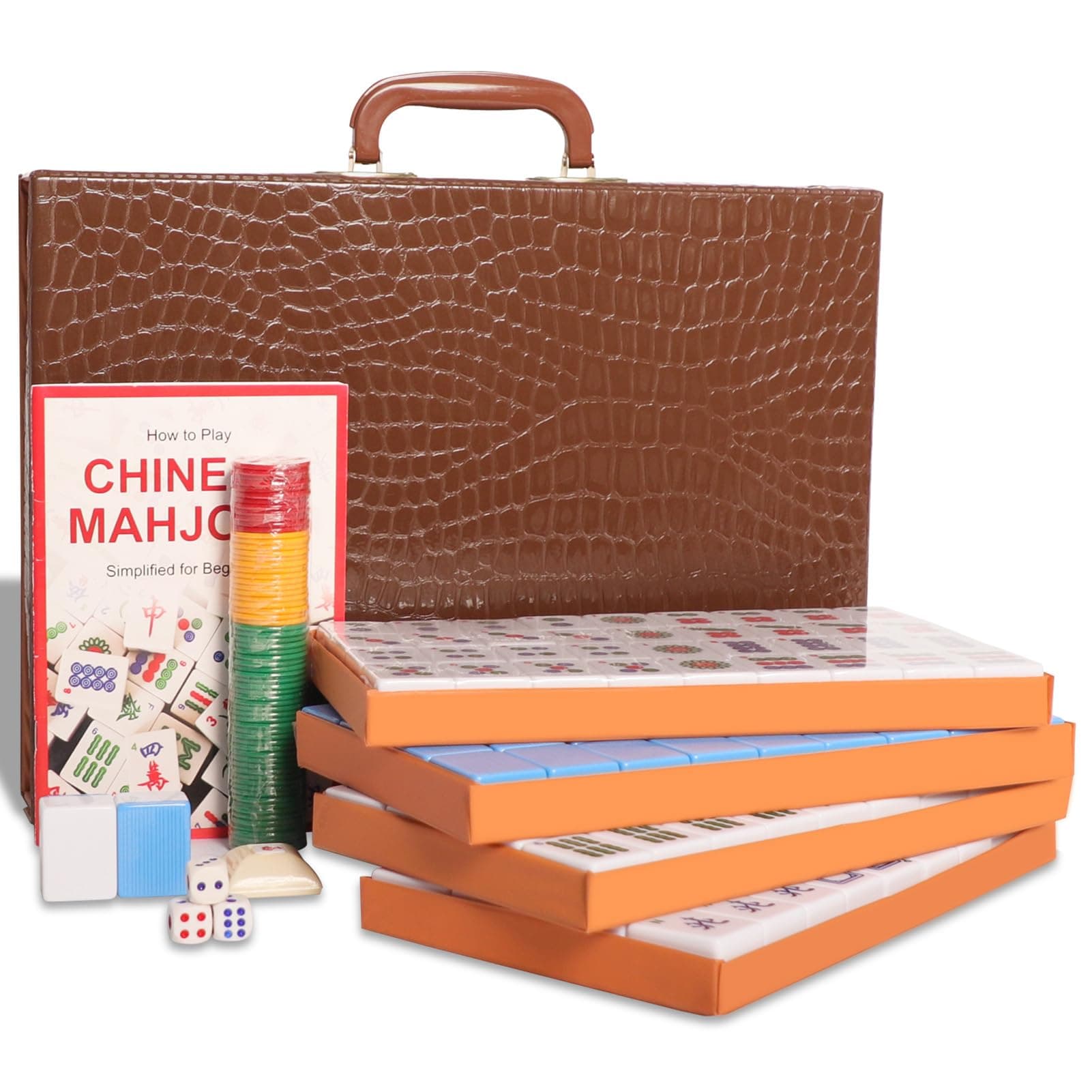 Chinese Mahjong Set, Mahjong Game Set with 146 Numbered Large Tiles (1.5", Blue), Mahjong Tiles Set with Brown Carrying Case