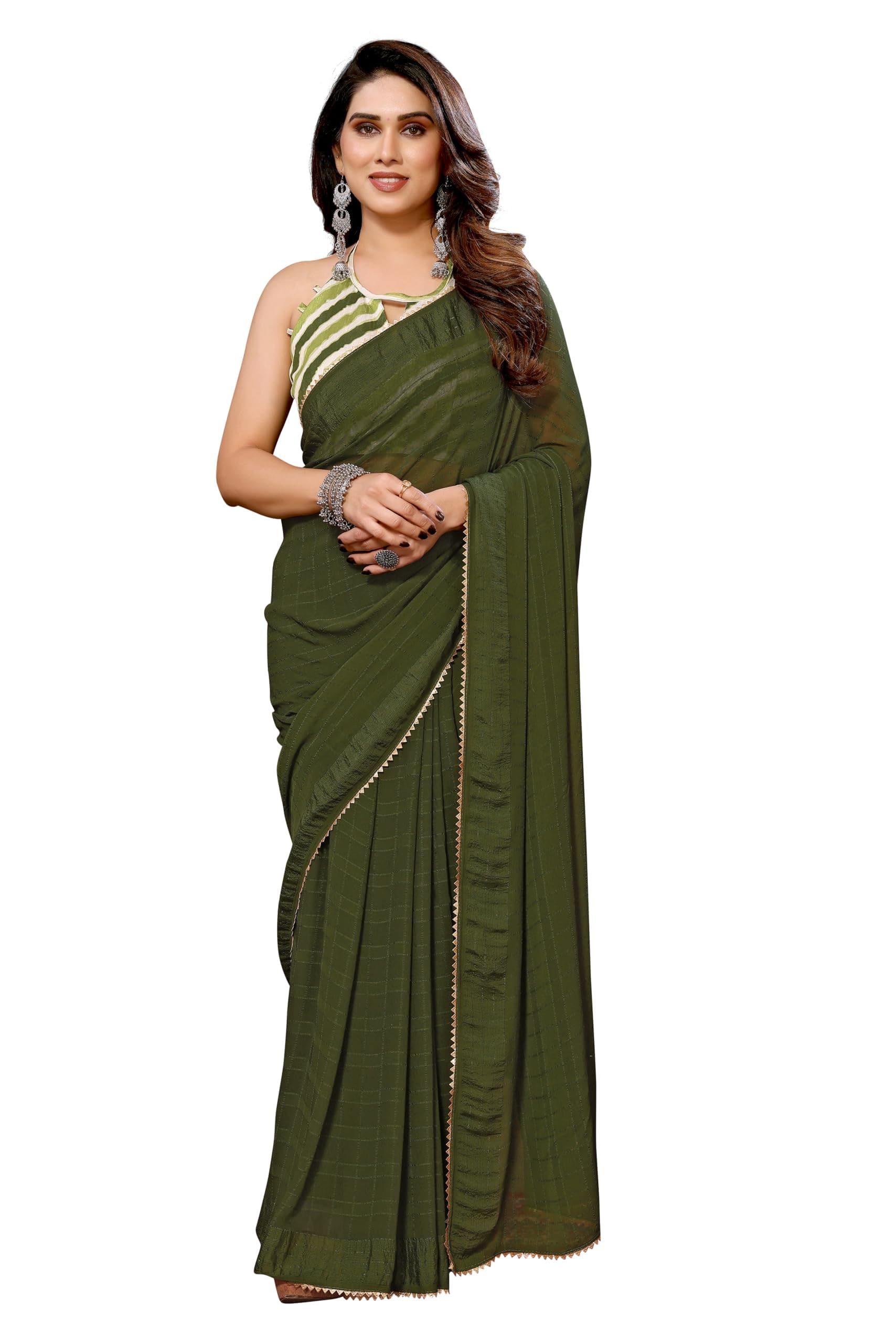 Trendy StoreWoven checks pattern Georgette silk with fancy lace work ready to wear saree