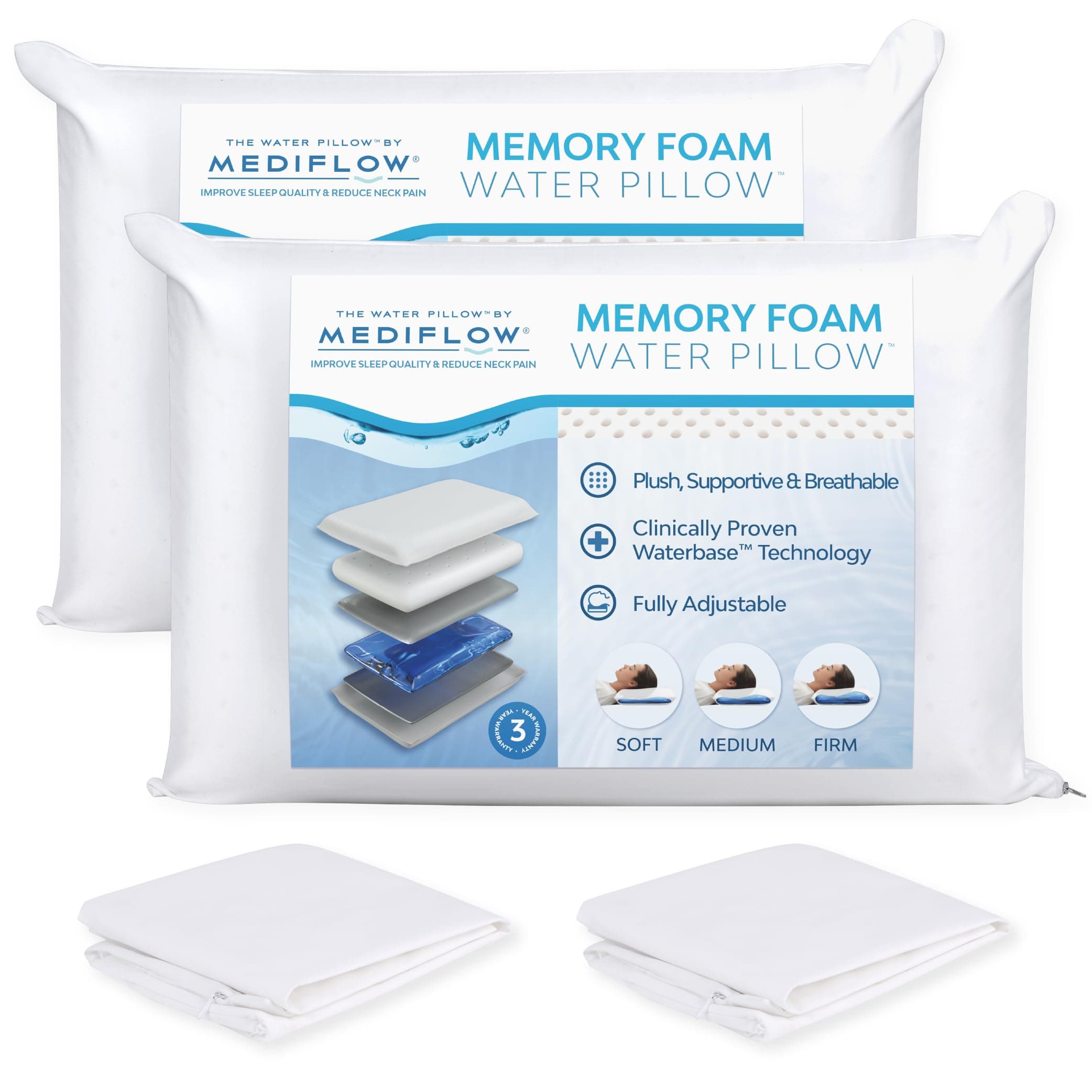 Mediflow Water Pillow Memory Foam re-Invented with Waterbase Technology - Clinically Proven to Reduce Neck Pain & Improve Sleep Quality. (Two Pillows, Two Pillow Protectors)