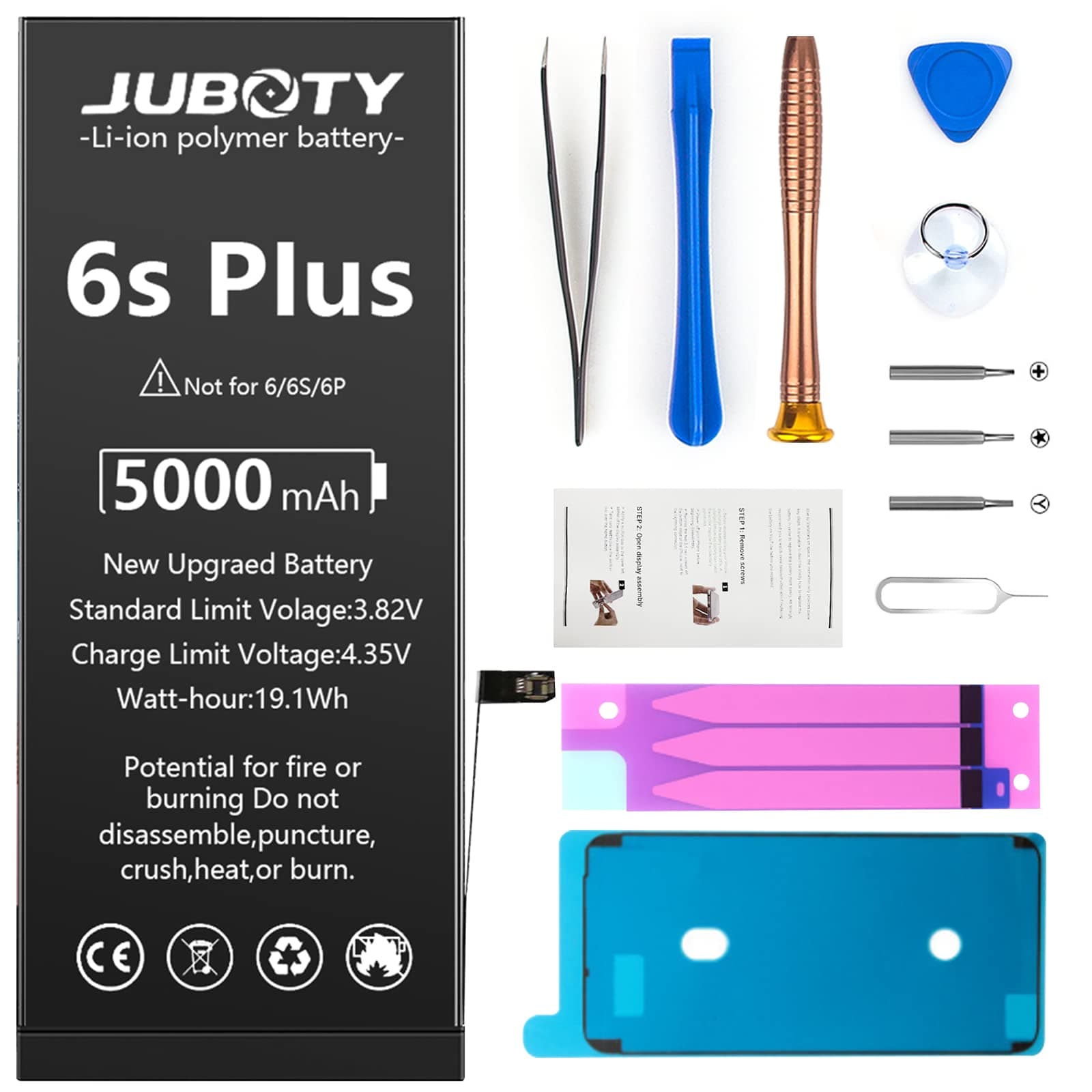 [5000mAh] Battery for iPhone 6sPlus, JUBOTY New Upgraded Li-Polymer Higher Capacity 0 Cycle Battery Replacement for iPhone 6sPlus Model A1634 A1687 A1699 with Complete Professional Repair Tool Kit