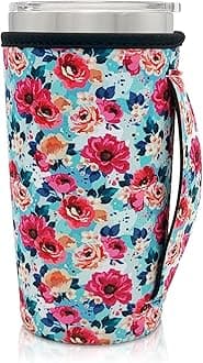 Neoprene Insulated Sleeves Cup Holder with Handle for 20oz Tumbler Cups, Reusable Iced Coffee Sleeve For 30oz - 32oz coffee cups(Flower Printing)