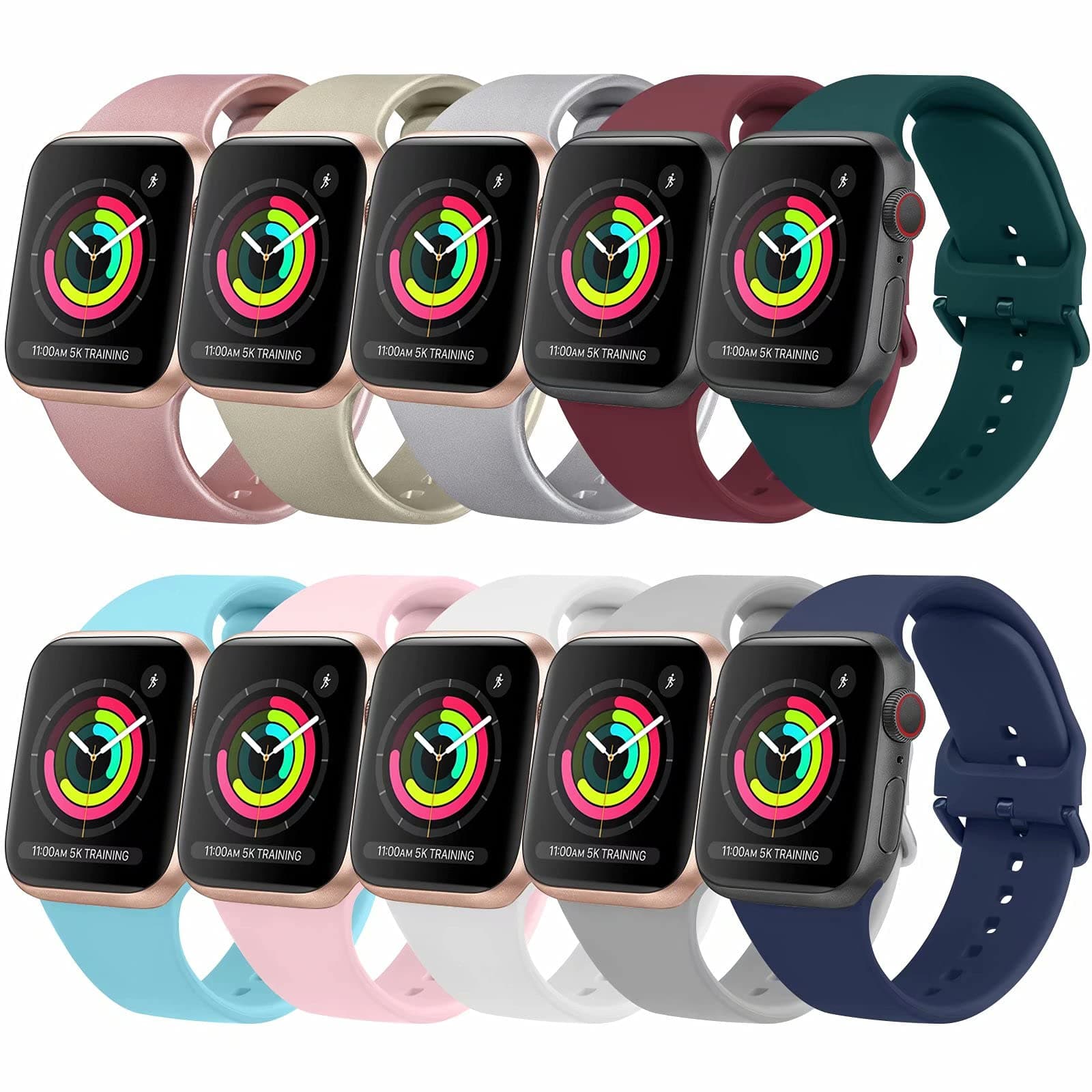 [10 Pack] Bands Compatible with Apple Watch Bands 38mm 40mm 41mm iWatch Series 7 6 5 4 3 2 1 & SE for Women Men, Soft Silicone Replacement Wristbands with Adjustable Buckle (10 Pack A, 38mm 40mm 41mm)