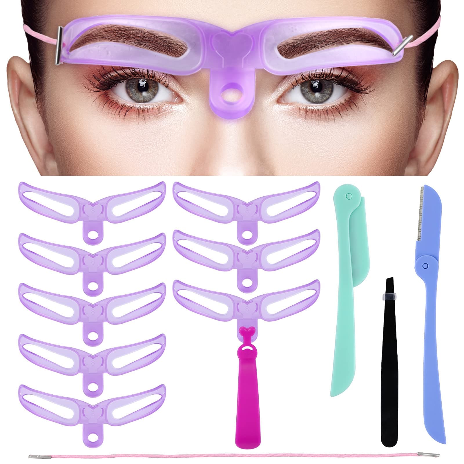 8 Pieces Eyebrow Stencil 8 Styles Eyebrow Template Reusable DIY Grooming Shaping Kit Washable Brow Template with Handle Stainless Steel Tweezers and Foldable Razor (Chic Style)