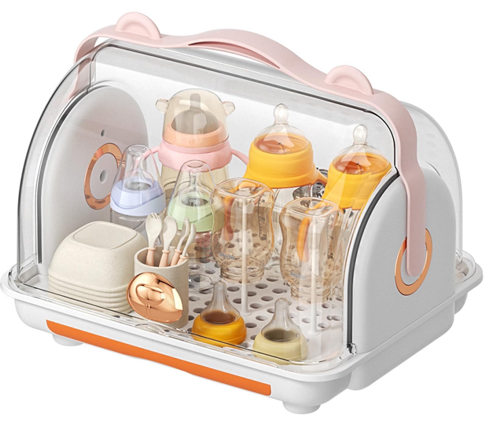 Baby Bottle Drying Rack Storage Holder,U-HOOME Large Nursing Bottle Storage Box Organizer with Cover,Portable Kitchen Cabinet Organizer, Bottle Holder for Baby and Toddler,Easy to Clean Drainer (Pink)