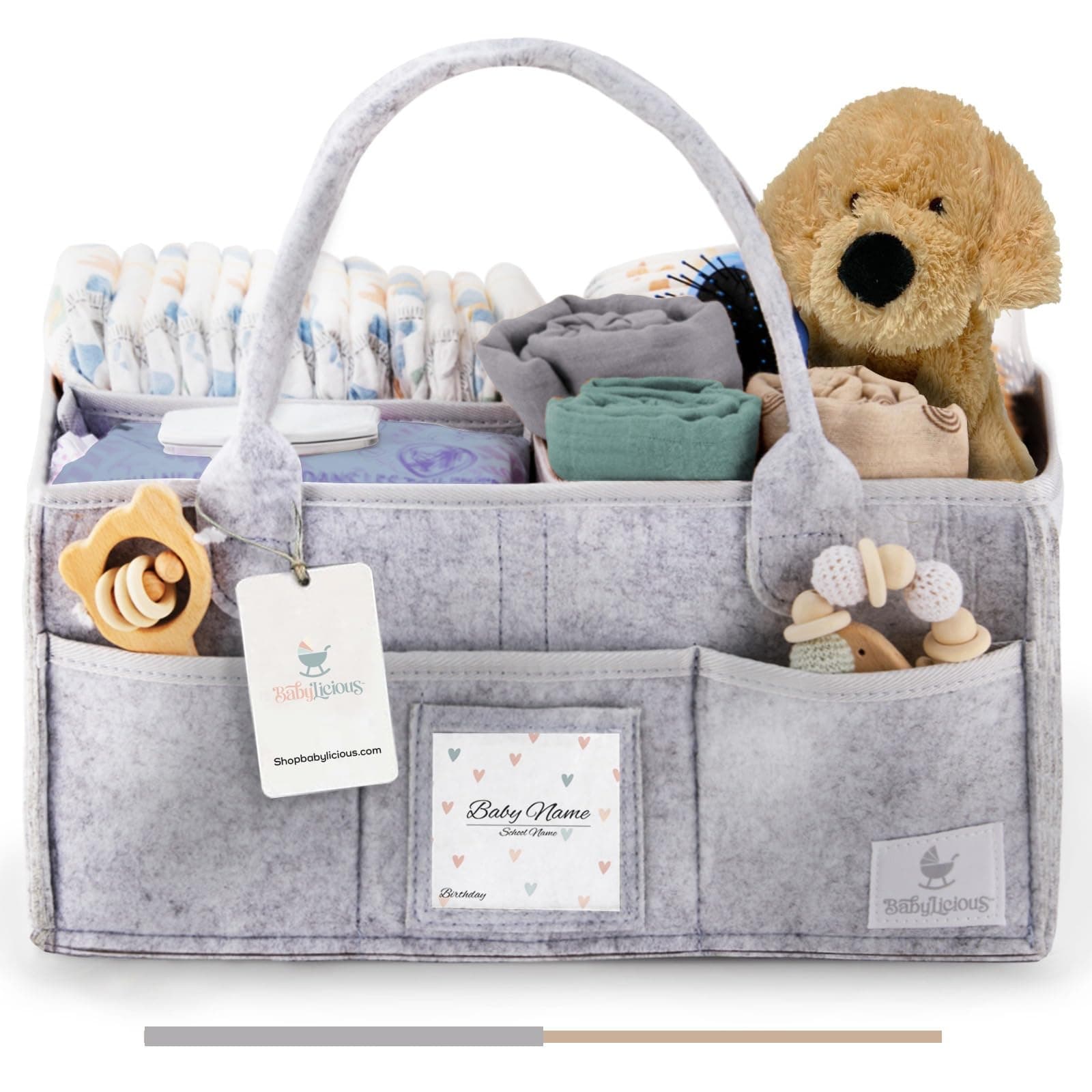 Babylicious Baby Diaper Caddy Organizer | Felt Changing Table Organizer - Large | Diaper Organizer for Changing Table | Name Card Included - Newborn Essentials Must Haves for Parents Heather Grey