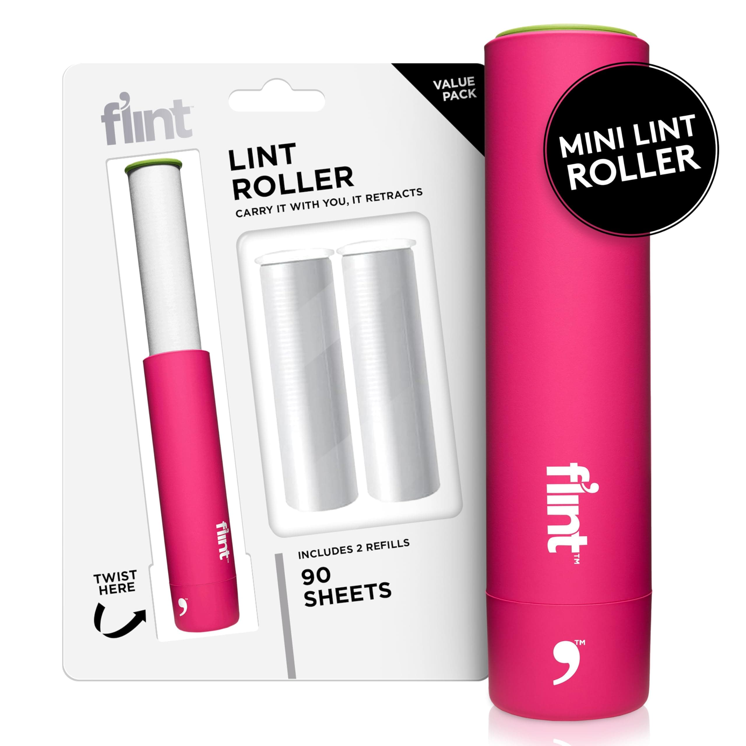 - Flint Classic Pink Retractable Mini Lint Roller with 90 Extra Sticky Sheets, Small and Portable Lint Roller, Ideal Pet Hair Remover, Travel Lint Rollers for pet Hair Extra Sticky
