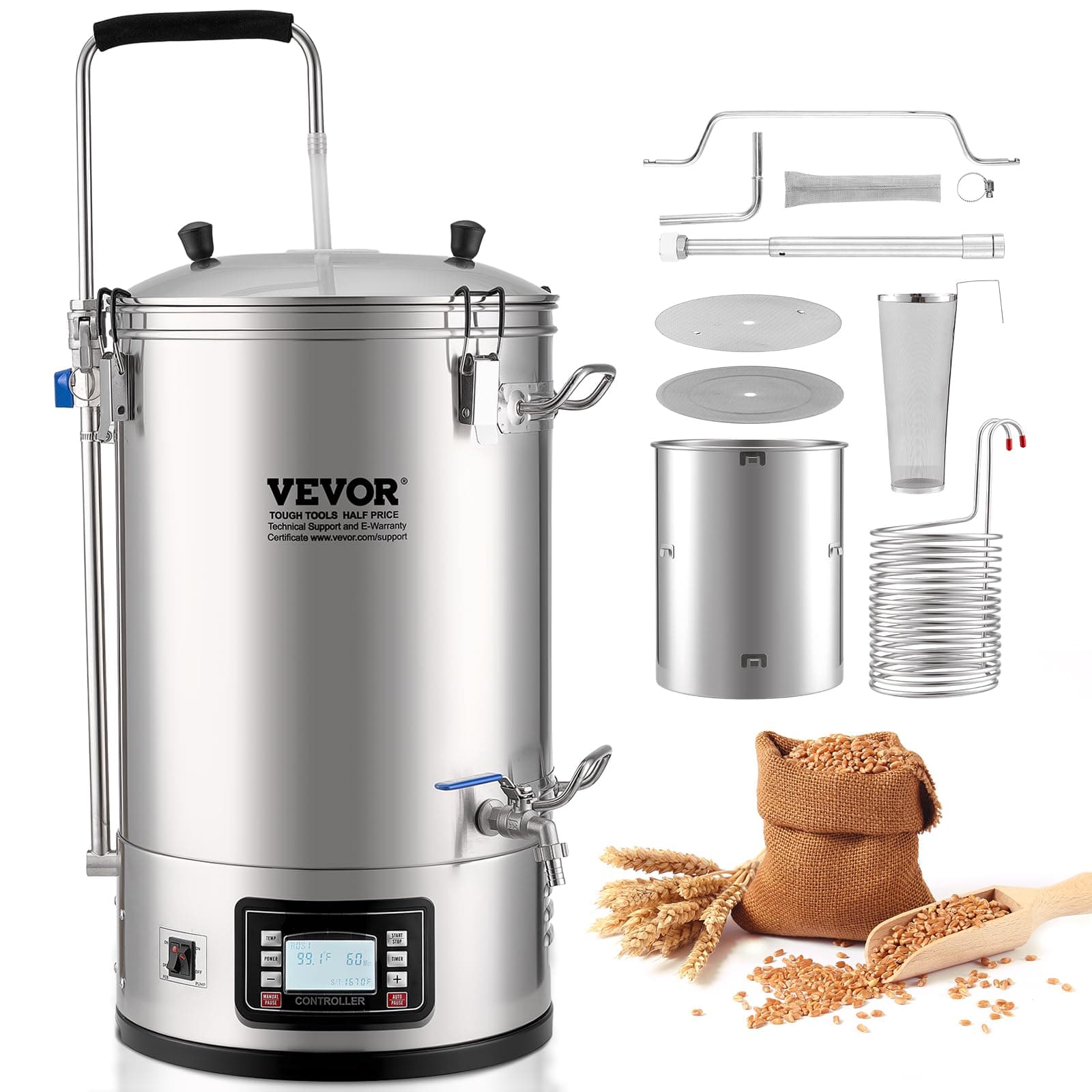 - VEVOR Electric Brewing System, 9.2 Gal/35 L Brewing Pot, All-in-One Home Beer Brewer w/Pump, Mash Boil Device w/Panel, Auto/Manual Mode 100-1800W Power 25-100℃ Temp 1-180 min Timer Recipe Memory