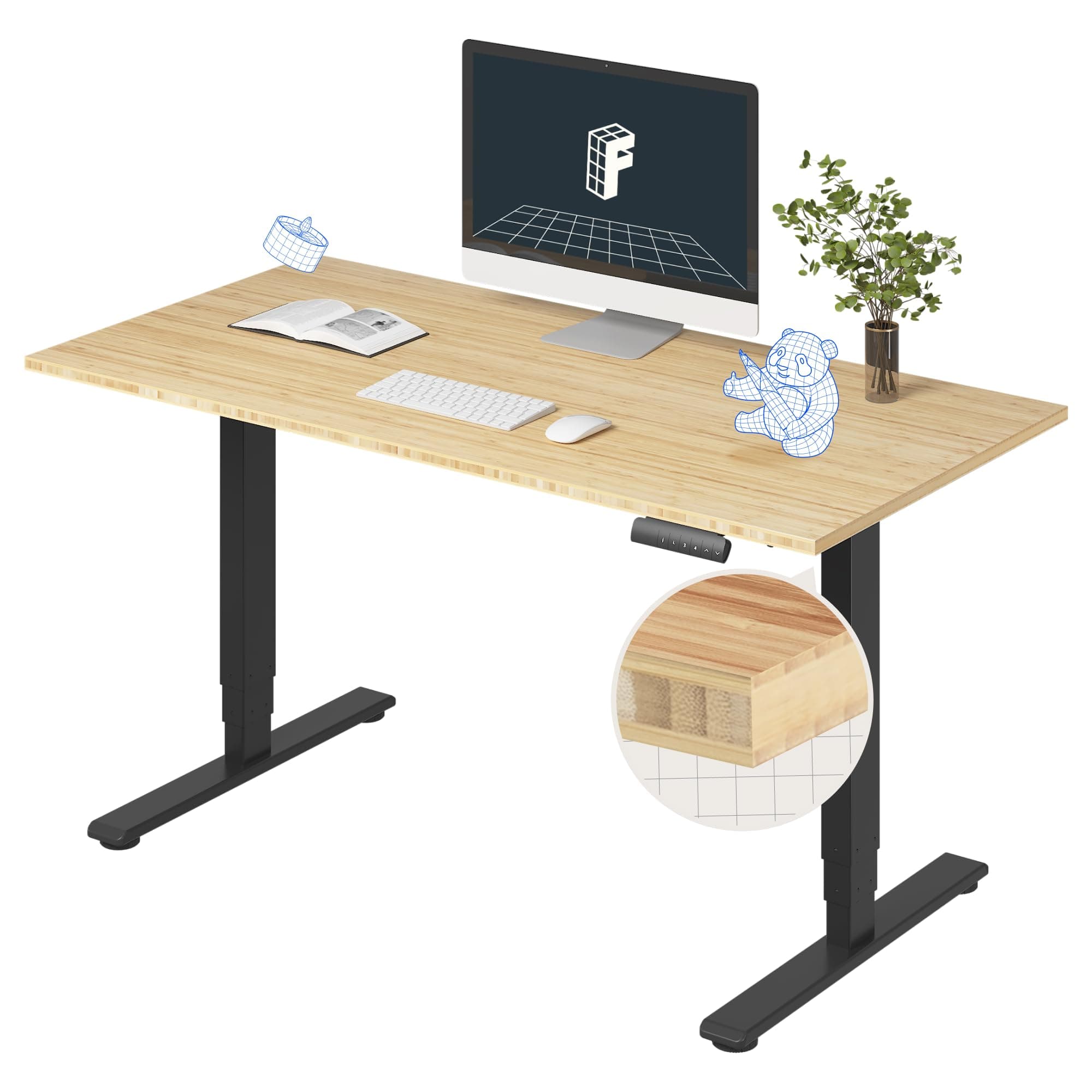 - E6 Bamboo 3-Stage Dual Motor Electric Standing Desk 55 x 28 Sit Stand Up Desk, Holds 220 lbs, Adjustable Height w/ Memory Presets, Solid Bamboo Desktop & Black Frame, Ships in 2 Boxes