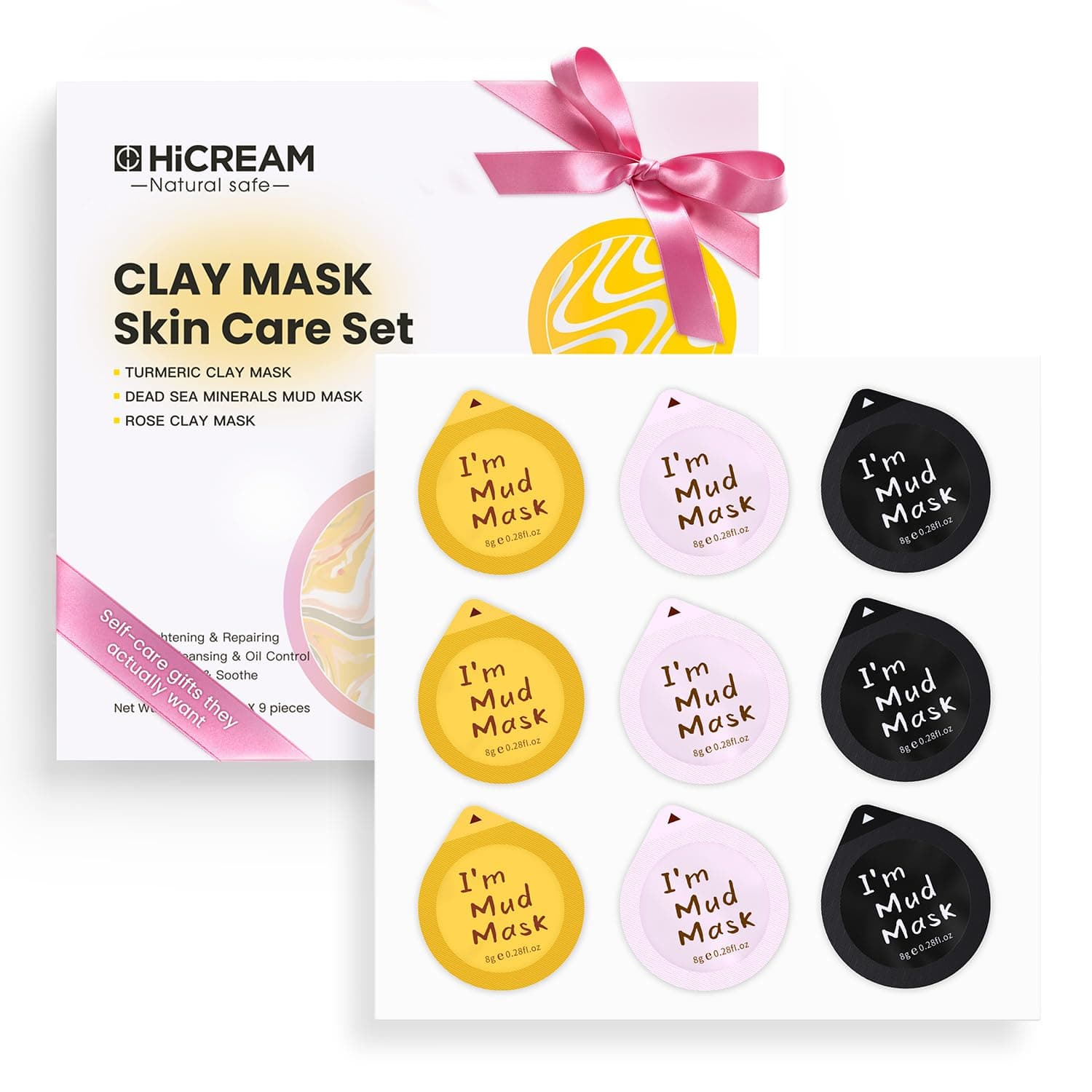 Clay Facial Mask Set 9 Pack - Turmeric Clay Mask - Rose Face Mask - Dead Sea Minerals Mud Mask, Skincare Gift Set - Brightening, Moisturize & Deep cleansing for Dry, Sensitive Skin