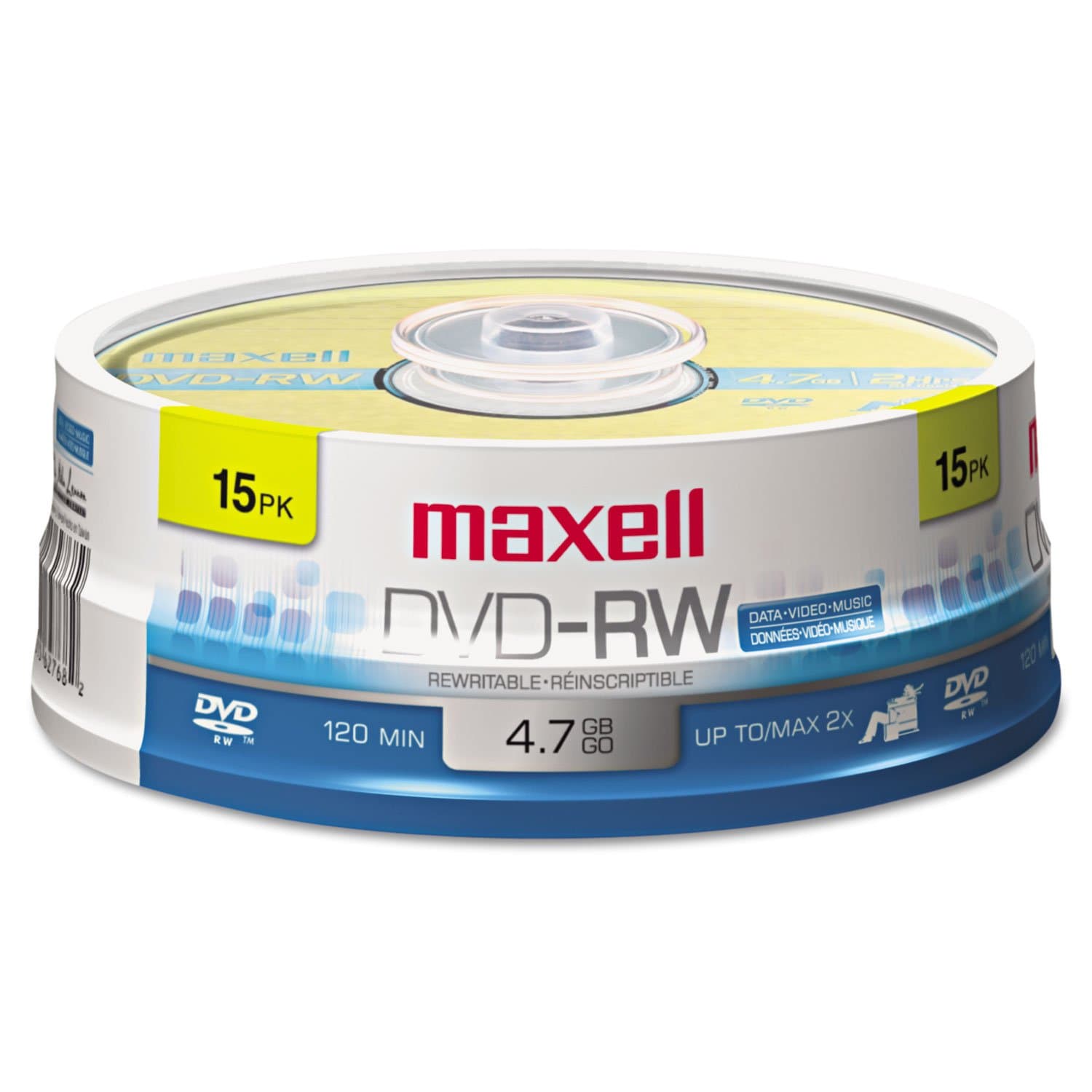 Maxell Dvd-Rw Rewritable Disc, 4.7 Gb, 2x, Spindle, Gold, 15/pack