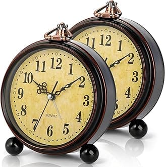 2 Pack Vintage Retro Analog Alarm Clock, 5 Inch Silent Non Ticking Small Table Clock, Battery Operated Desk Clock for Bedroom, Elegant Bedside Gift Clock for Living Room, Office, Room Decor