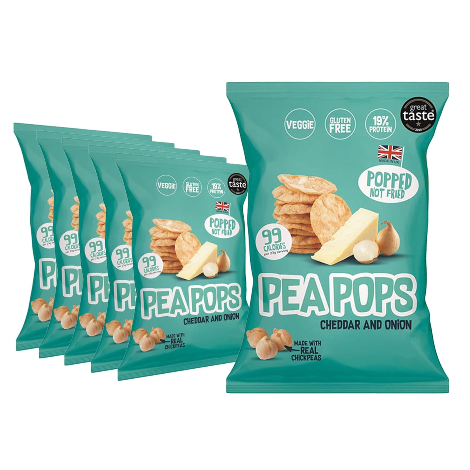 Food Factor Pea Pops Healthy Protein Chips - Delicious Chikpea Crisps 19% Protein Less Fat, Low Calorie, Gluten Free, Veggie Protein Snacks, Popped (Not Fried) 23g (Cheddar & Onion, Pack of 6)