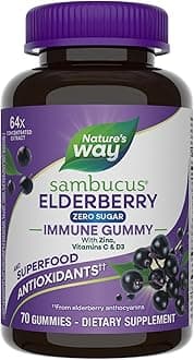 Nature’s Way Sambucus Zero Sugar Immune Gummies, Daily Immune Support*, Black Elderberry Extract, Vitamin C, Vitamin D3, Zinc, Sugar Free, Sugar Alcohol Free, Plant-Based Sweeteners, 70 Gummies