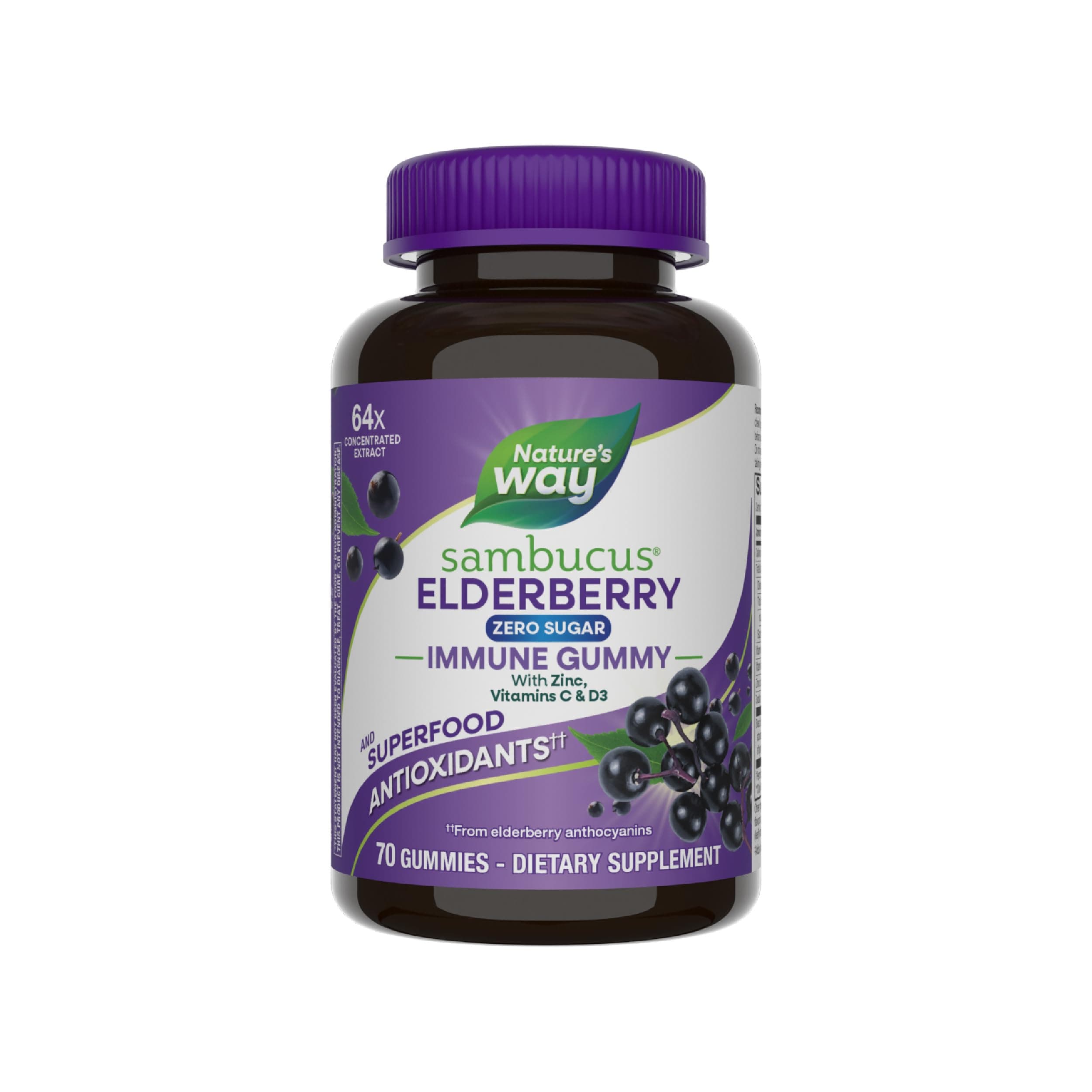 Nature’s Way Sambucus Zero Sugar Immune Gummies, Daily Immune Support*, Black Elderberry Extract, Vitamin C, Vitamin D3, Zinc, Sugar Free, Sugar Alcohol Free, Plant-Based Sweeteners, 70 Gummies