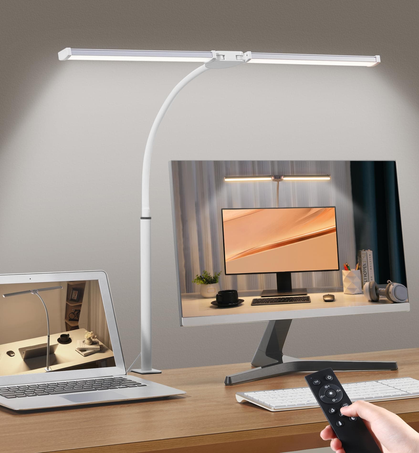 Led Desk Lamp for Home Office, Eye-Care Architect Light with Clamp, Smart Double Head Computer Monitor Table Clip Lamp, Adjustable Flexible Gooseneck, 25 Lighting Models, Task Lamp, White and Sliver