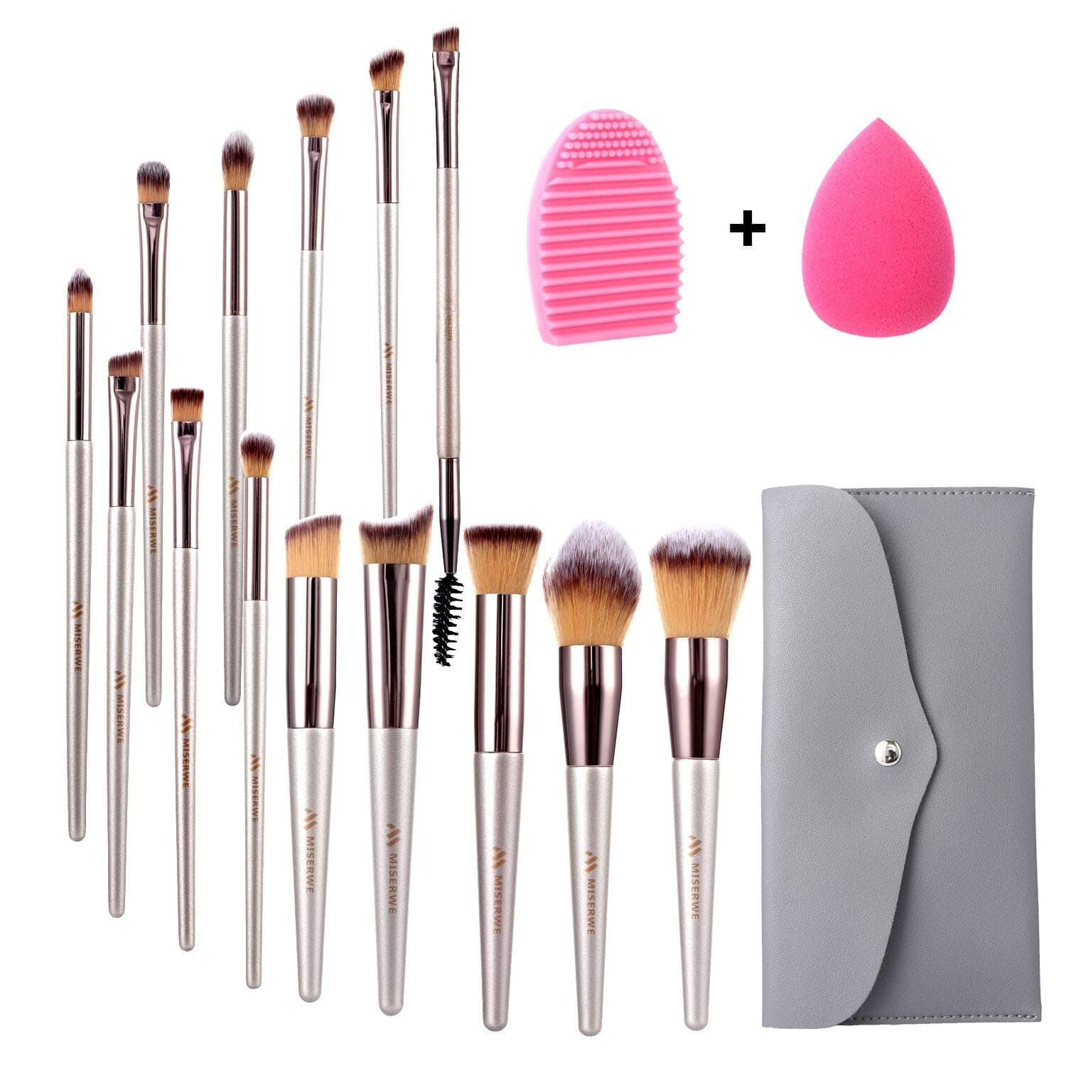 Miserwe 17Pcs Make Up Brushes Professional Premium Synthetic Set with Makeup Sponge Brush Cleaner and Travel Makeup Bag for Face Eye Shadow Foundation Lip Liquid Blending Brush